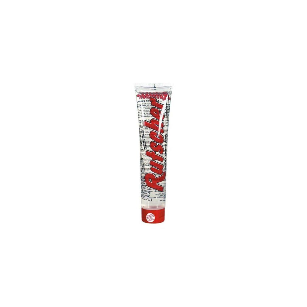 Tube mit roter Schrift „Rutscher“. Transparente Flüssigkeit sichtbar. Roter Verschluss.