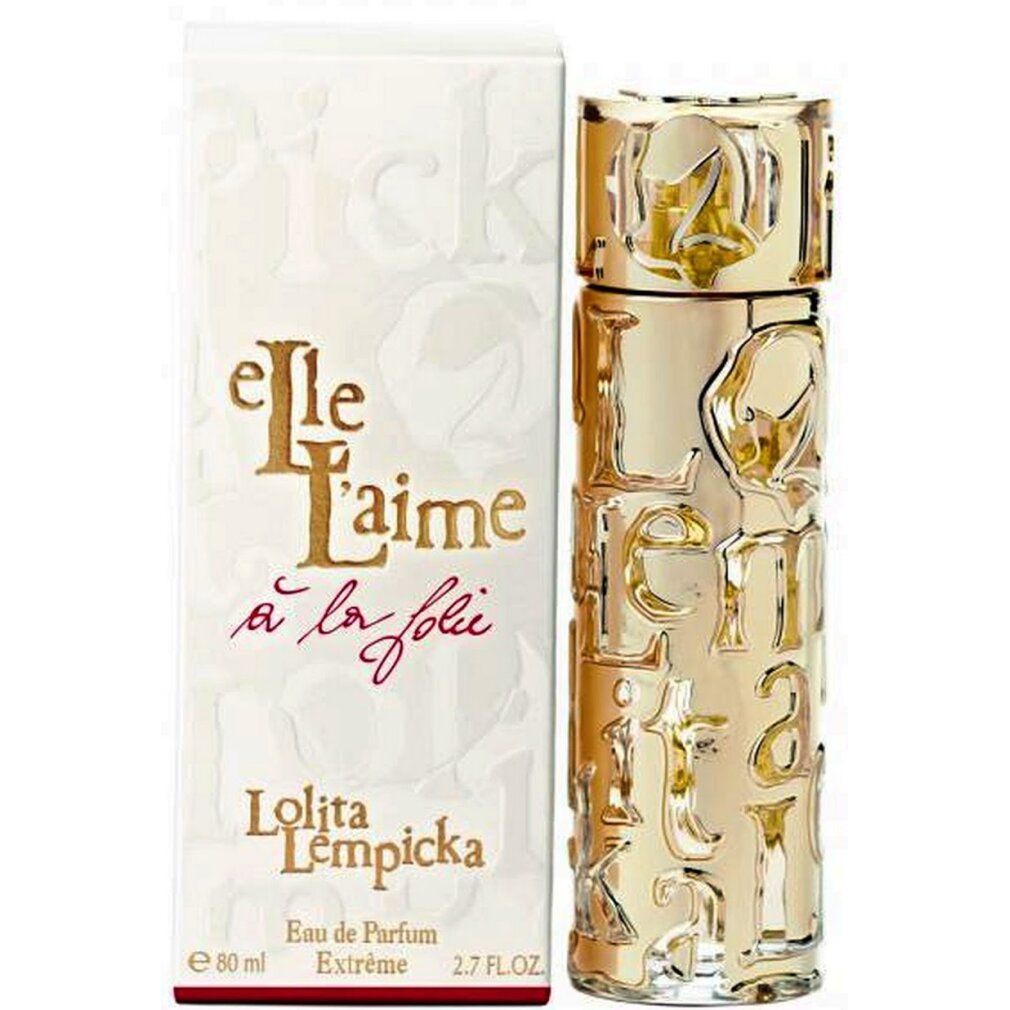 Goldfarbener Flakon von Lolita Lempicka Elle l'Aime à la Folie Eau de Parfum. Mit Schriftzug und Verpackung.
