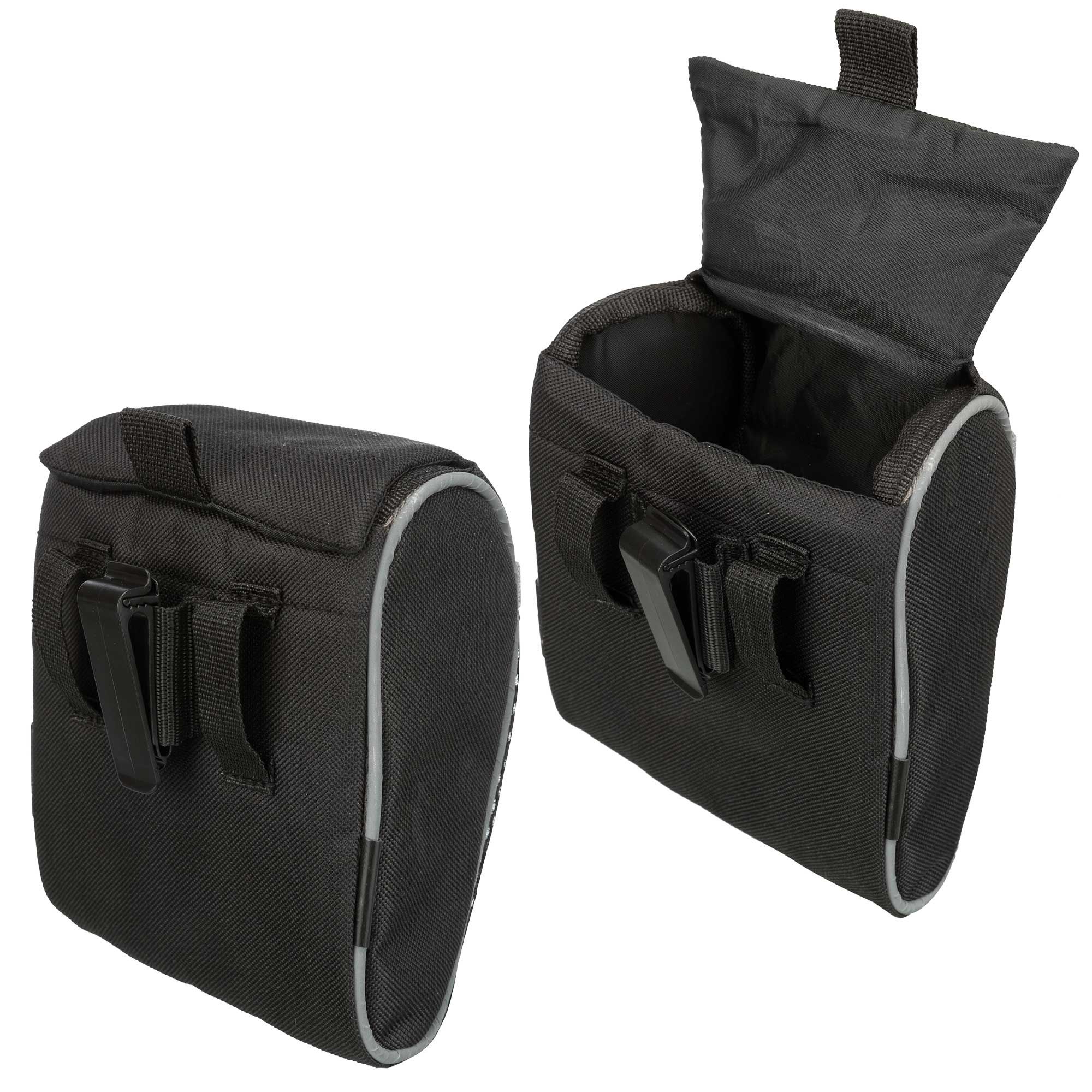 Schwarze Leckerli-Tasche mit grauem Rand. Magnetverschluss. Geöffnet und geschlossen dargestellt.