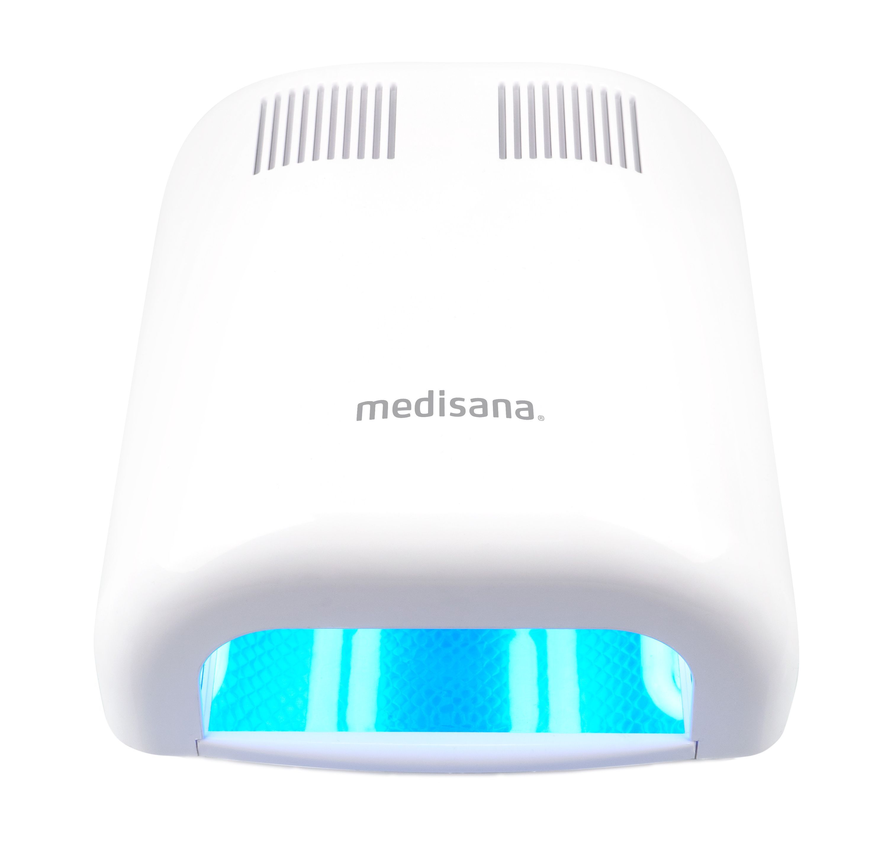 Weißer medisana UV-Nagelhärter mit blauen Lichtern.