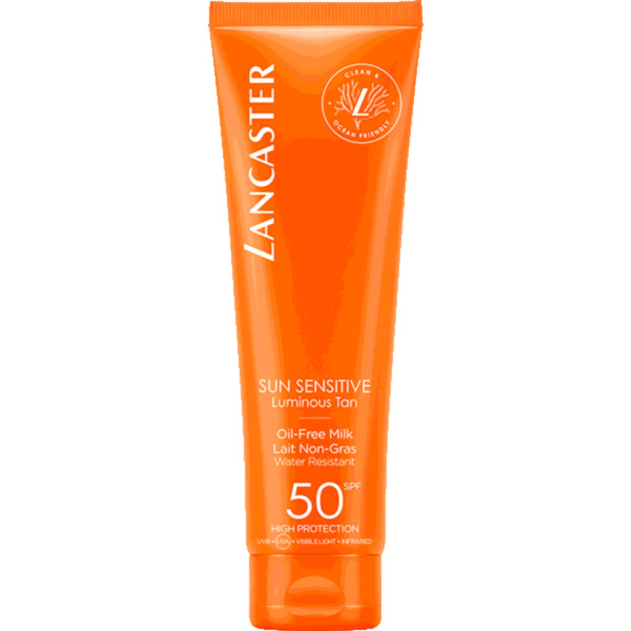 Orange Tube mit Lancaster-Logo und Produktinformationen. Text: Sun Sensitive Luminous Tan, SPF 50.