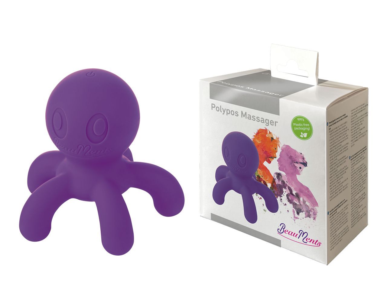 Lila Oktopus-Massagegerät neben Verpackung. Verpackung mit Produktbild und Logo BeauMents.