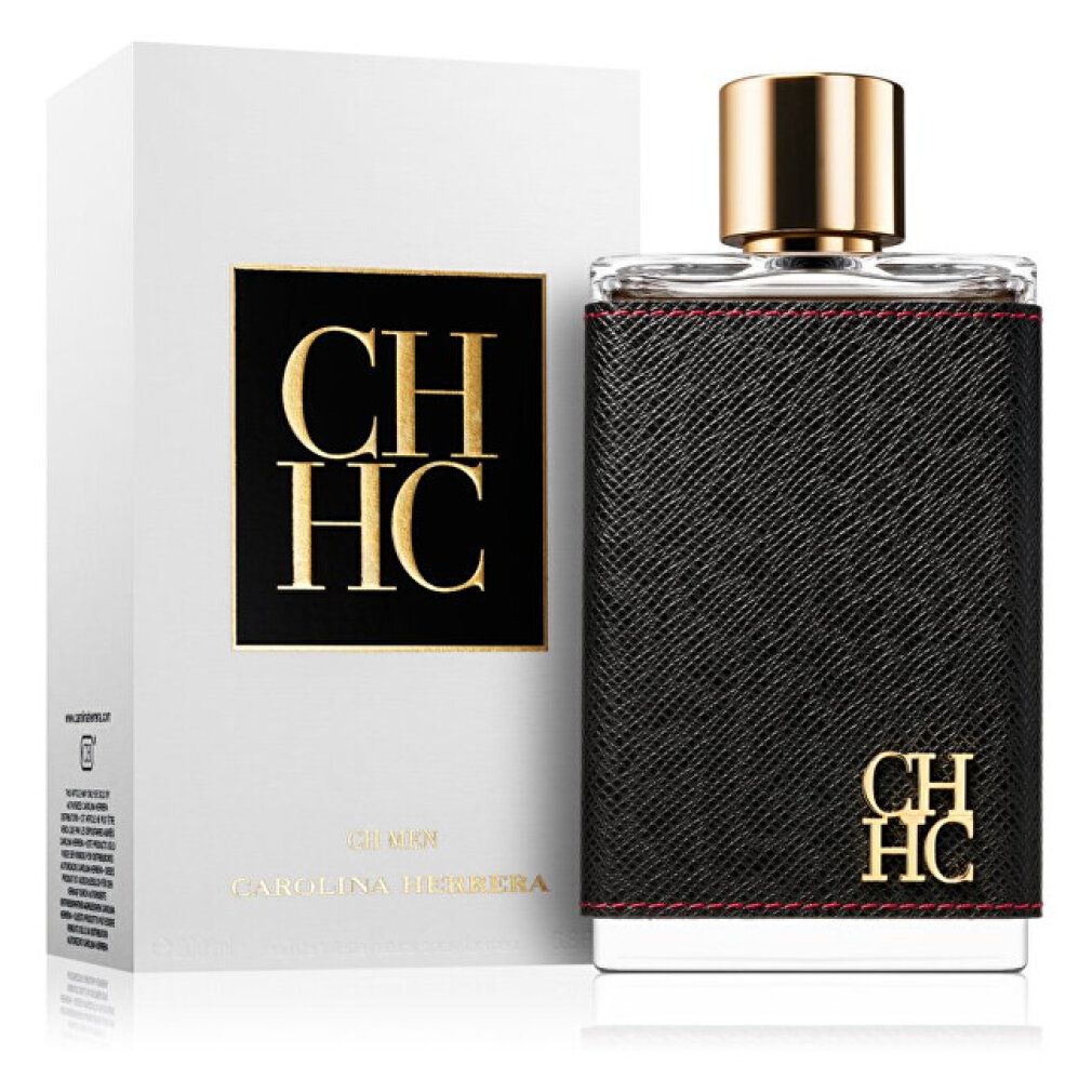 Flakon mit Verpackung. Schwarzer Flakon mit goldfarbenem Verschluss. Weißer Karton mit CHHC-Logo. Quadratische Form.
