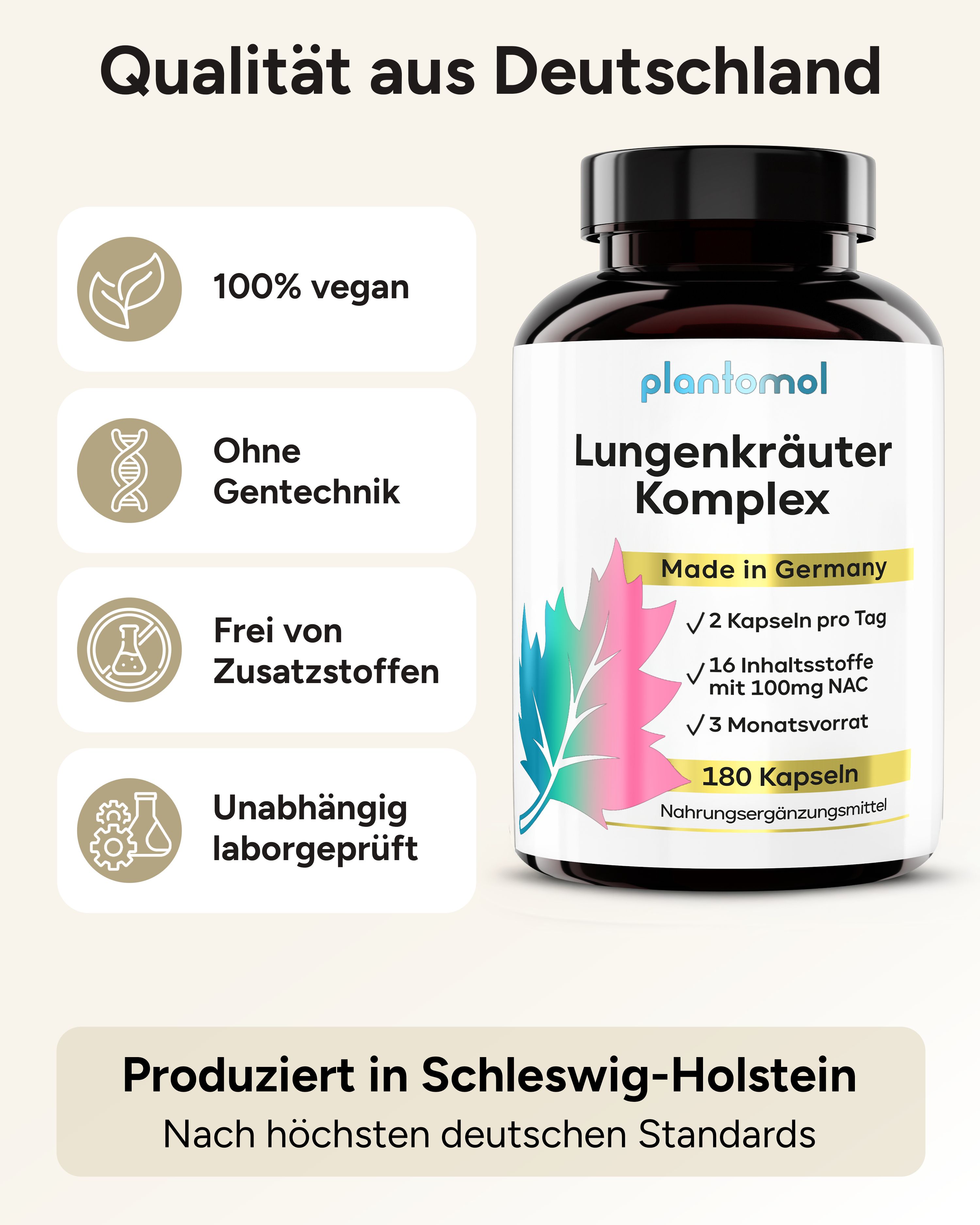 Produktflasche Lungenkräuter Komplex. 100% vegan, ohne Gentechnik, ohne Zusatzstoffe. 180 Kapseln.