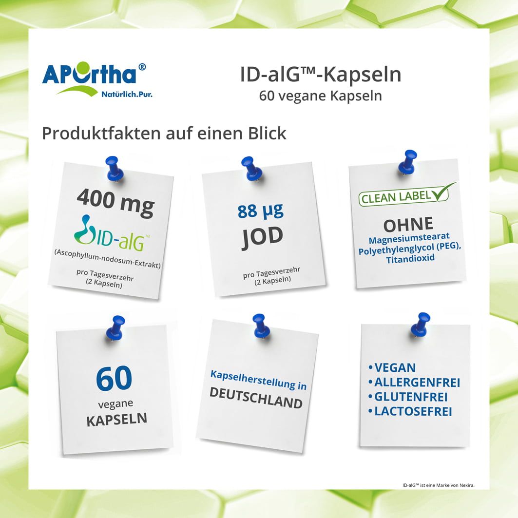Notizen mit Produktinformationen. 400 mg ID-alG, 88 µg Jod, 60 Kapseln, ohne Zusatzstoffe. Vegan, allergenfrei, glutenfrei, laktosefrei.
