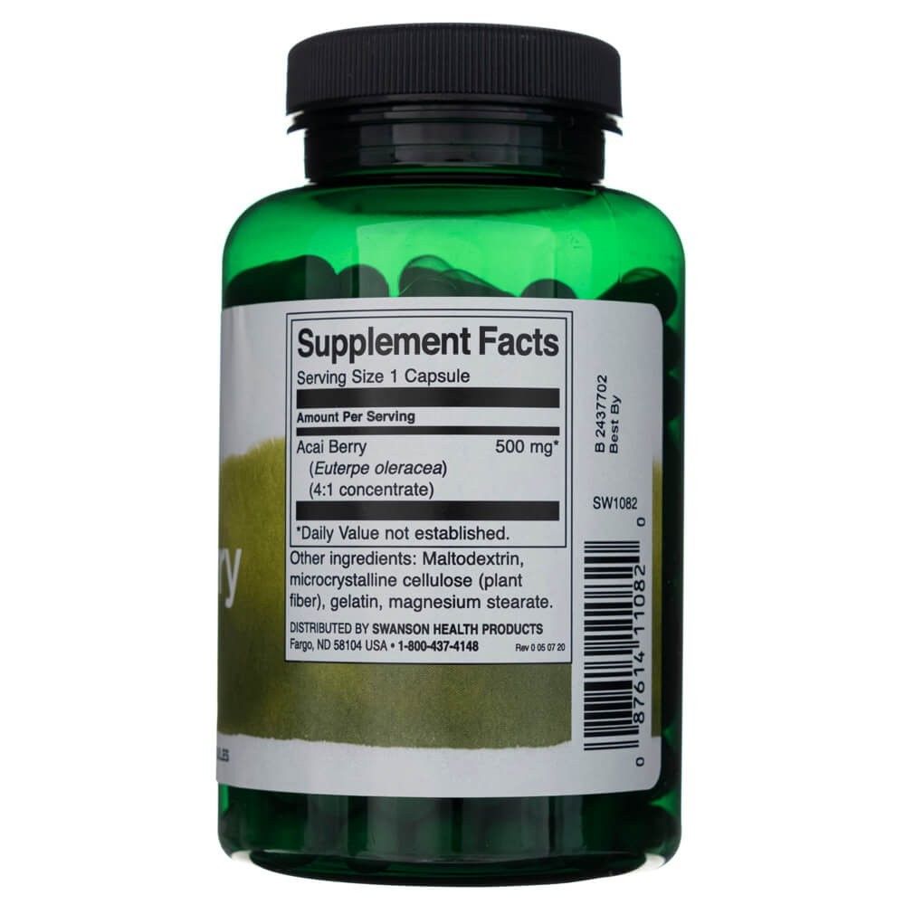 Rückseite einer grünen Flasche mit Swanson Acai Beere Supplement Facts, 500 mg pro Kapsel.