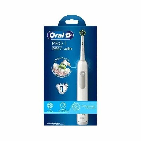 Elektrische Zahnbürste in Verpackung. Marke Oral-B Pro 1, Modell 1000. Weiße Bürste mit grünem Bürstenkopf. Blaue Verpackung mit Produktinformationen.