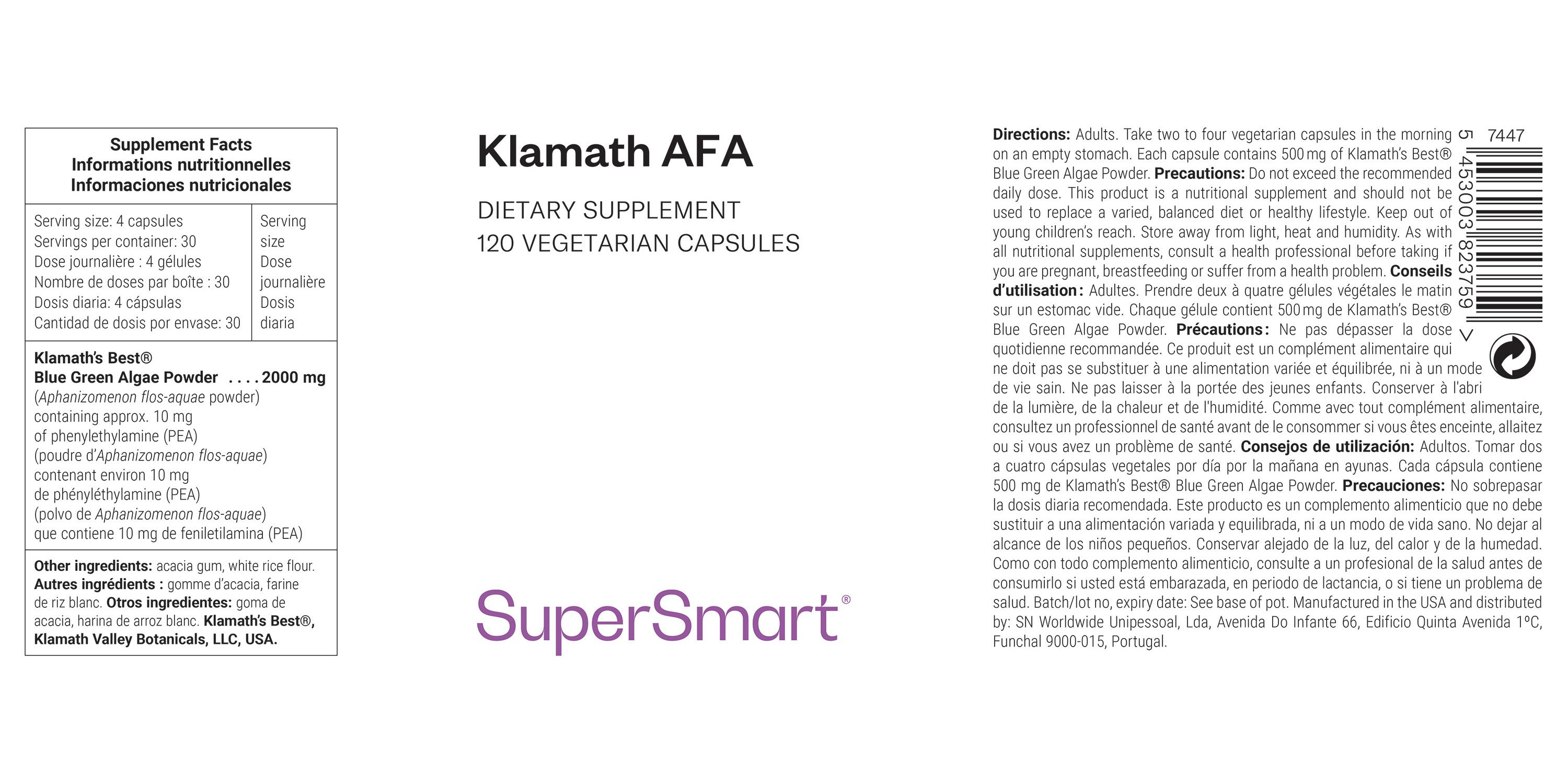 Etikett mit Produktinformationen. Enthält Klamath AFA, 120 vegetarische Kapseln, SuperSmart. Enthält Nährwertangaben.