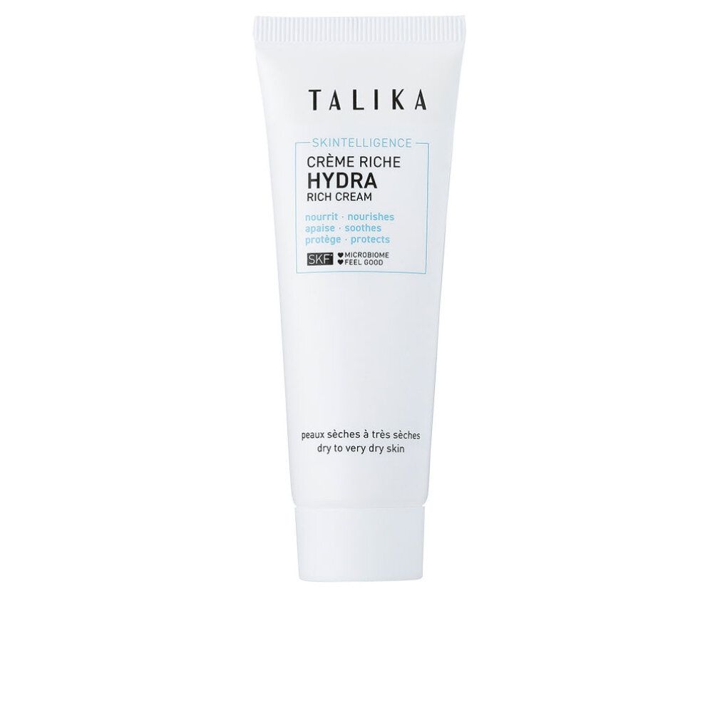 Weiße Tube mit "crème riche hydratante" und "SKINTELLIGENCE HYDRA" von TALIKA. Für trockene bis sehr trockene Haut.