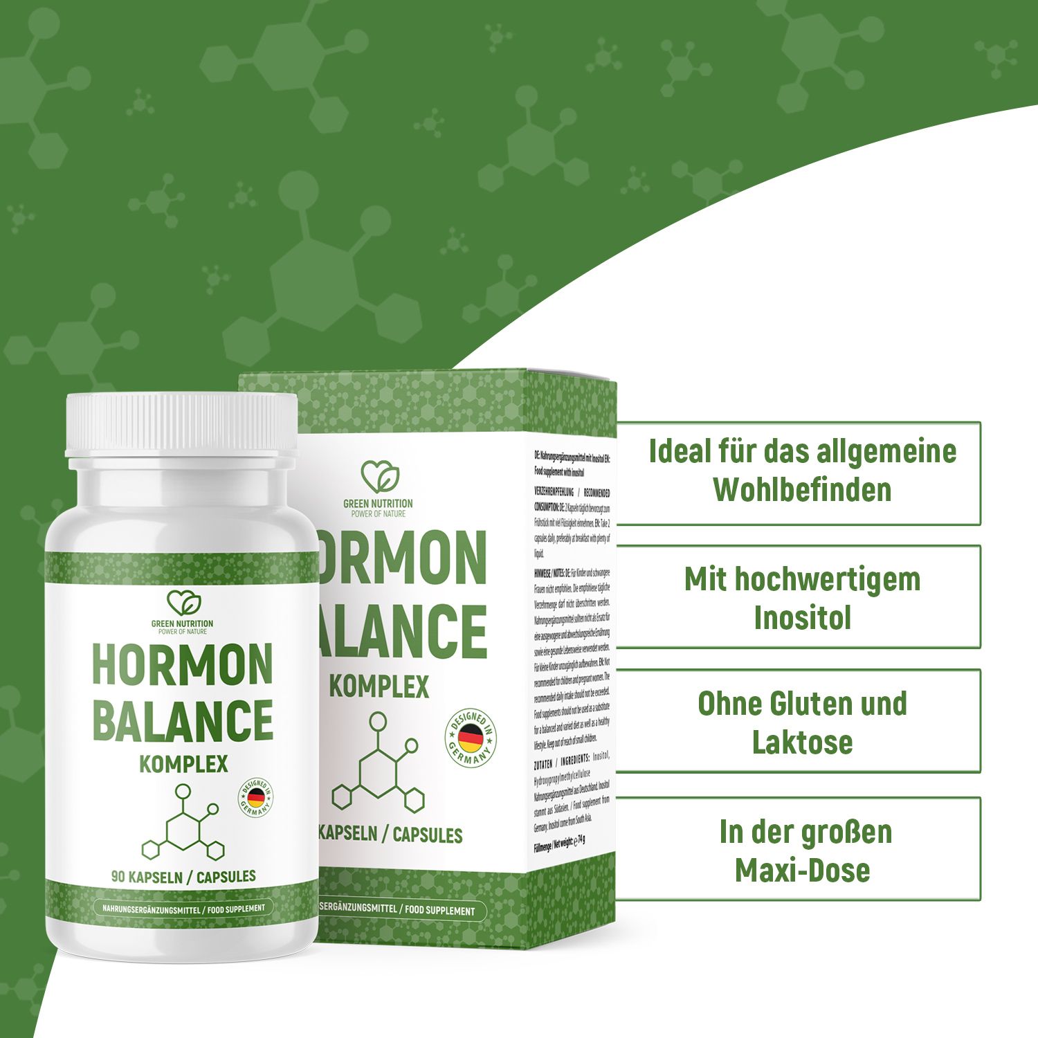 Hormonbalance Komplex Kapseln von Green Nutrition. Produkt mit Inositol, ohne Gluten und Laktose. In Maxi-Dosis. Verpackung und Flasche.
