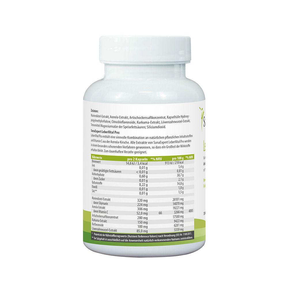 Rückseite der weißen Flasche SanaExpert LeberVital Pro. Text mit Inhaltsstoffen und Nährwertangaben.
