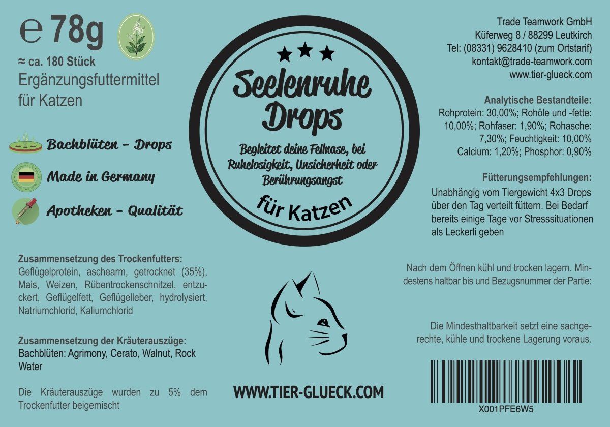 Blauer Aufkleber mit Produktinformationen: Seelenruhe Drops für Katzen, Bachblüten, Made in Germany, Apotheken-Qualität. Runde Form.