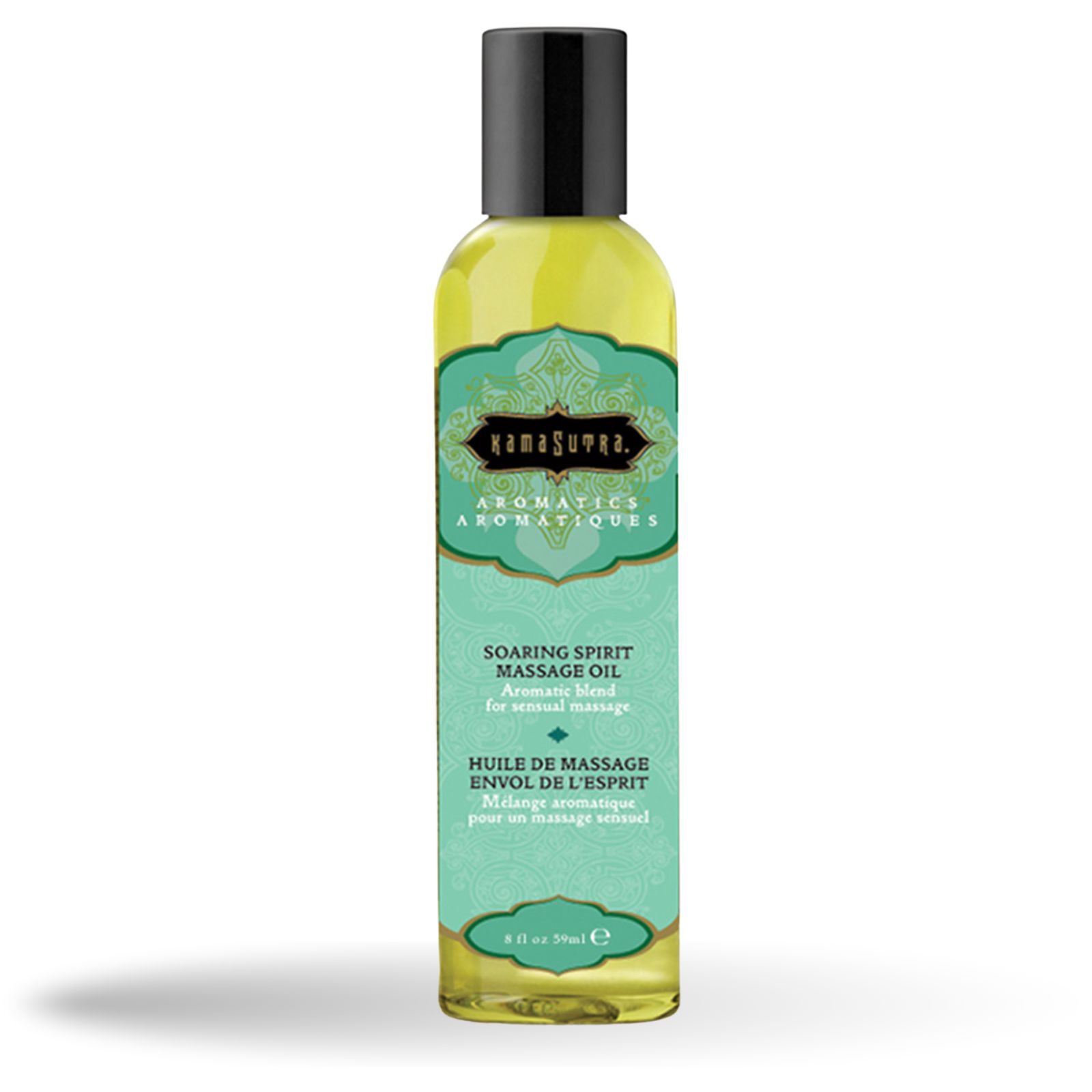 Kamasutra Massageöl mit Aroma Soaring. Flasche mit grüner und schwarzer Etikettierung. Enthält Text.