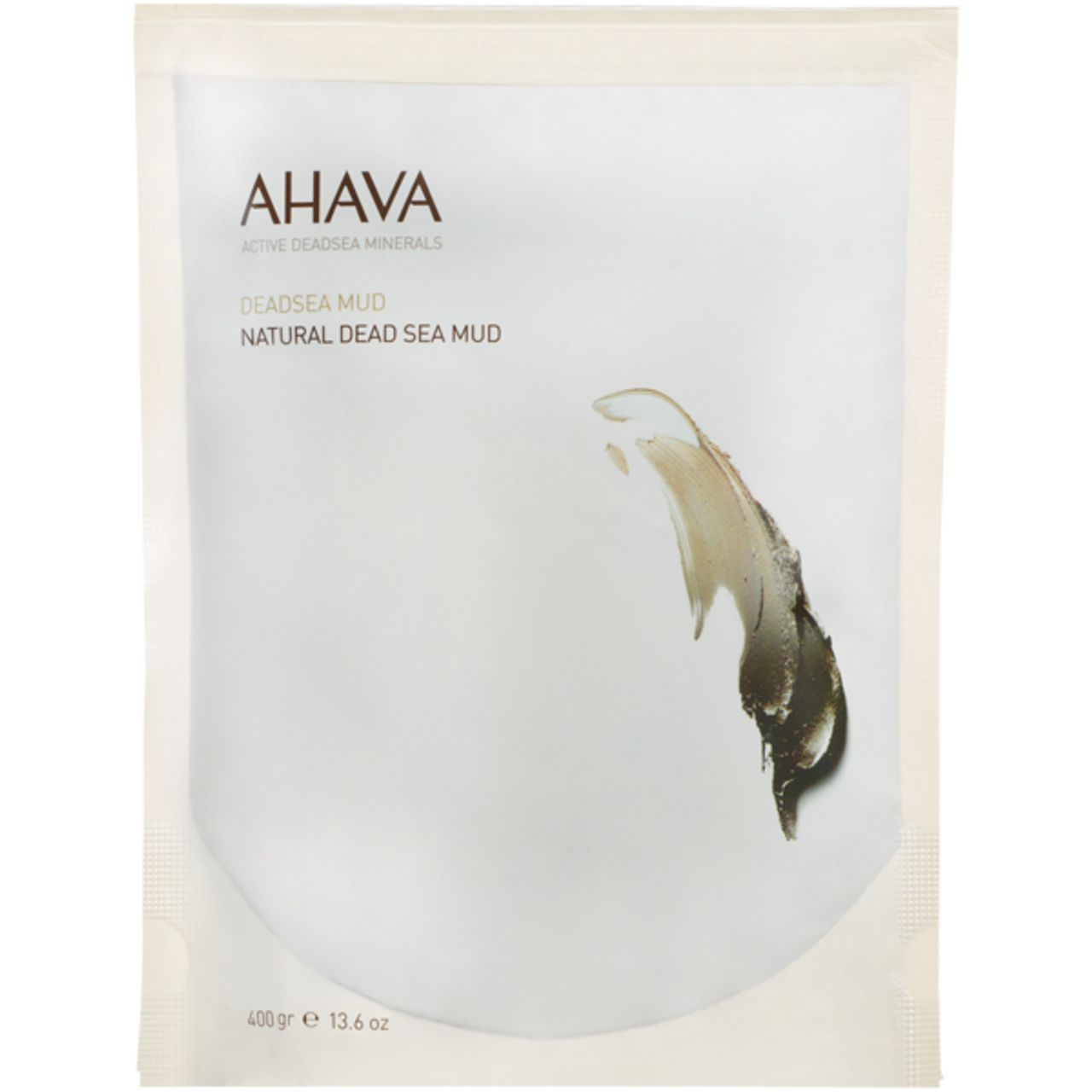 Verpackung AHAVA Deadsea Mud. Aufdruck: Active Deadsea Minerals, Natural Dead Sea Mud. Abbildung von Schlamm. 400gr.