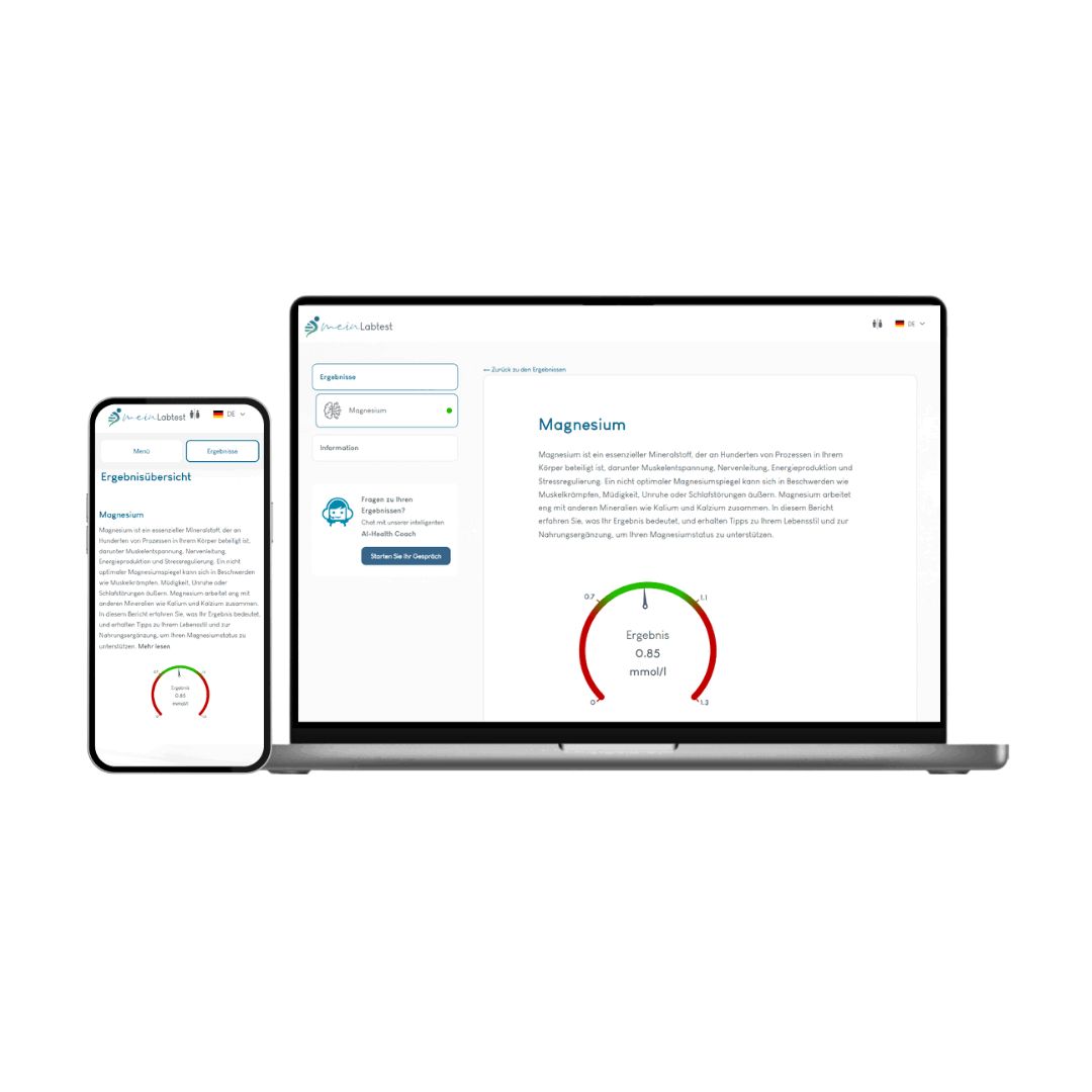 Laptop und Smartphone mit Testergebnissen. MeinLabtest-Logo. Magnesium-Informationen und Ergebnis-Anzeige.