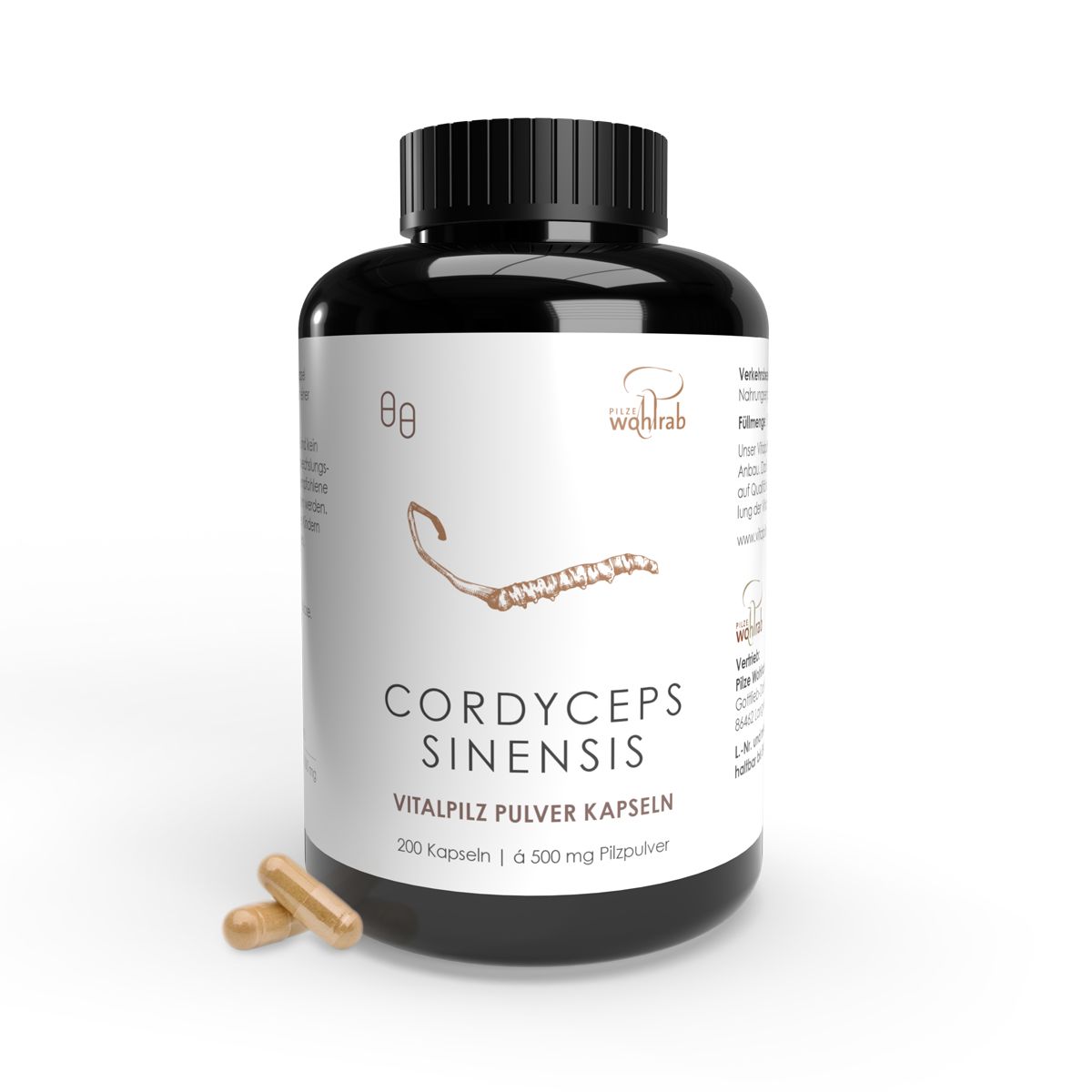 Braune Flasche mit schwarzen Deckel und zwei Kapseln. Aufschrift: Cordyceps Sinensis, Vitalpilz Pulver Kapseln.