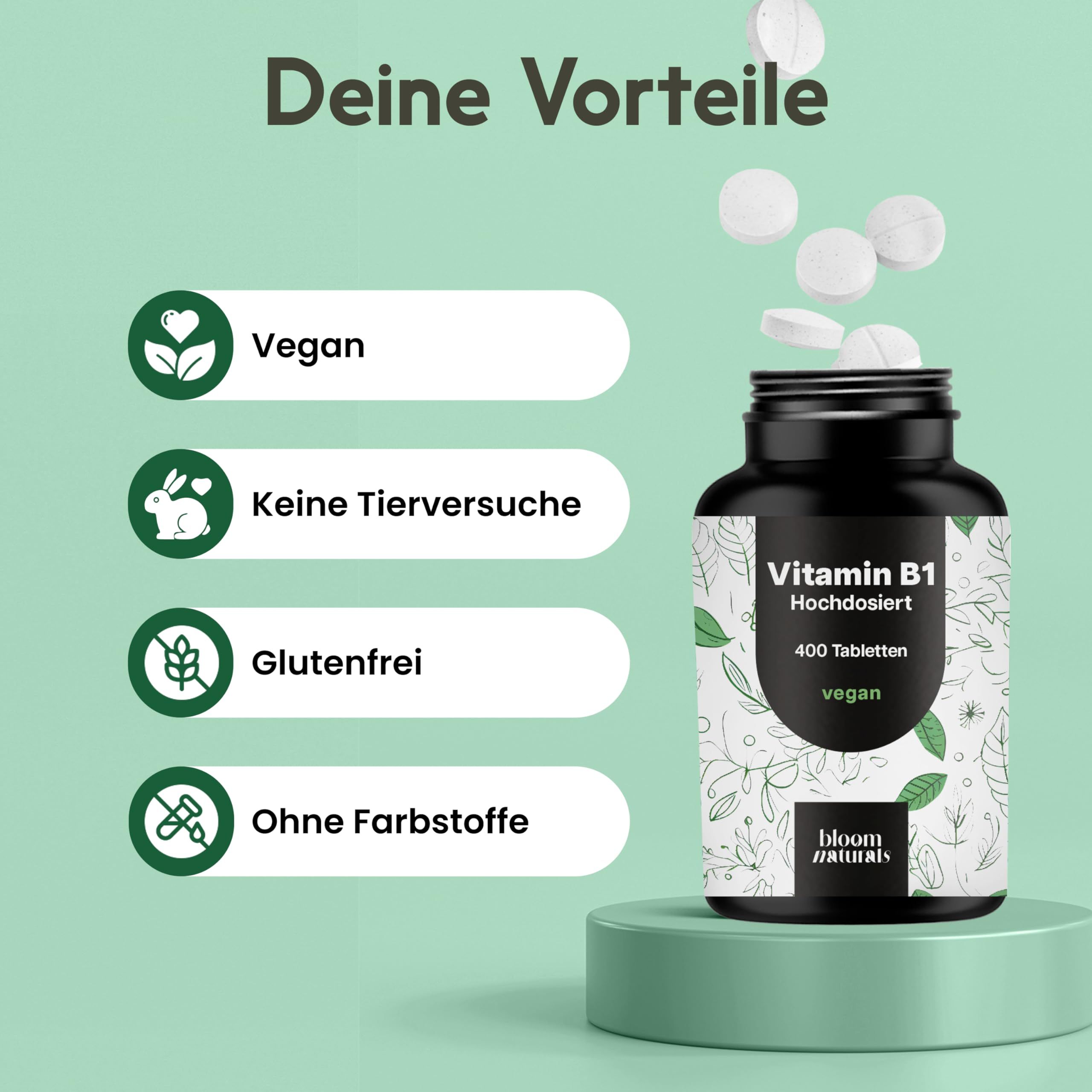 Liste mit Vorteilen: Vegan, Keine Tierversuche, Glutenfrei, Ohne Farbstoffe. Dose Vitamin B1.