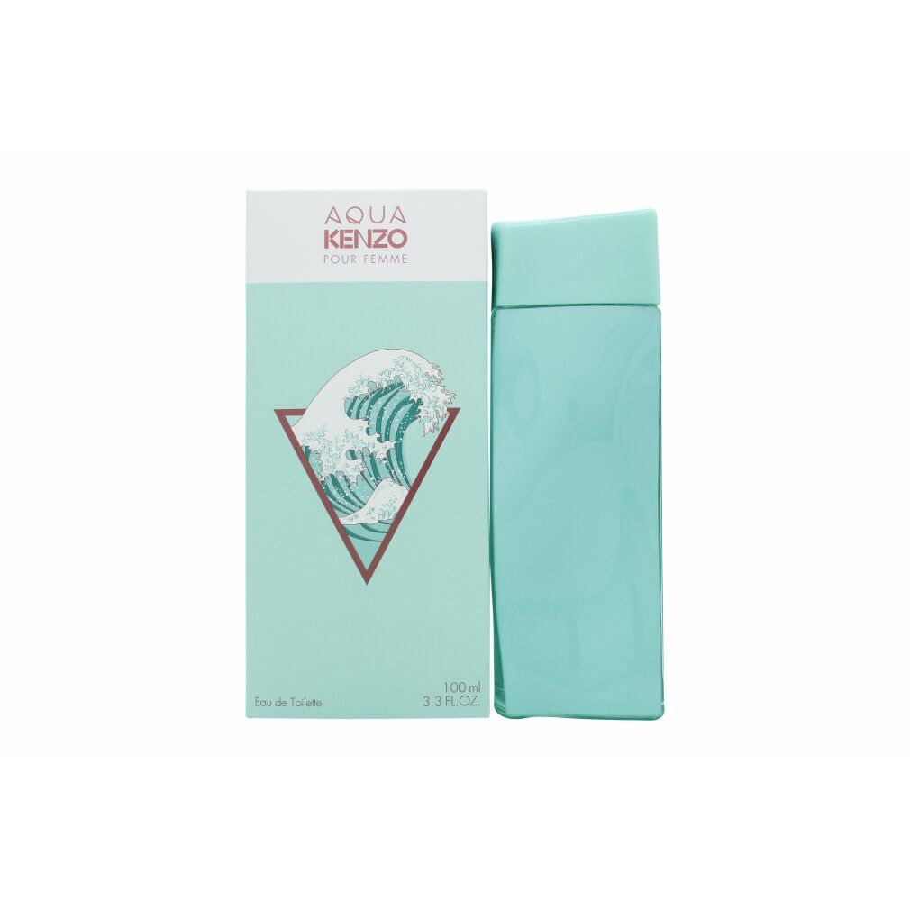 Türkisgrüner Flakon und Verpackung. Verpackung mit Wellenmotiv und Schriftzug AQUA KENZO POUR FEMME.