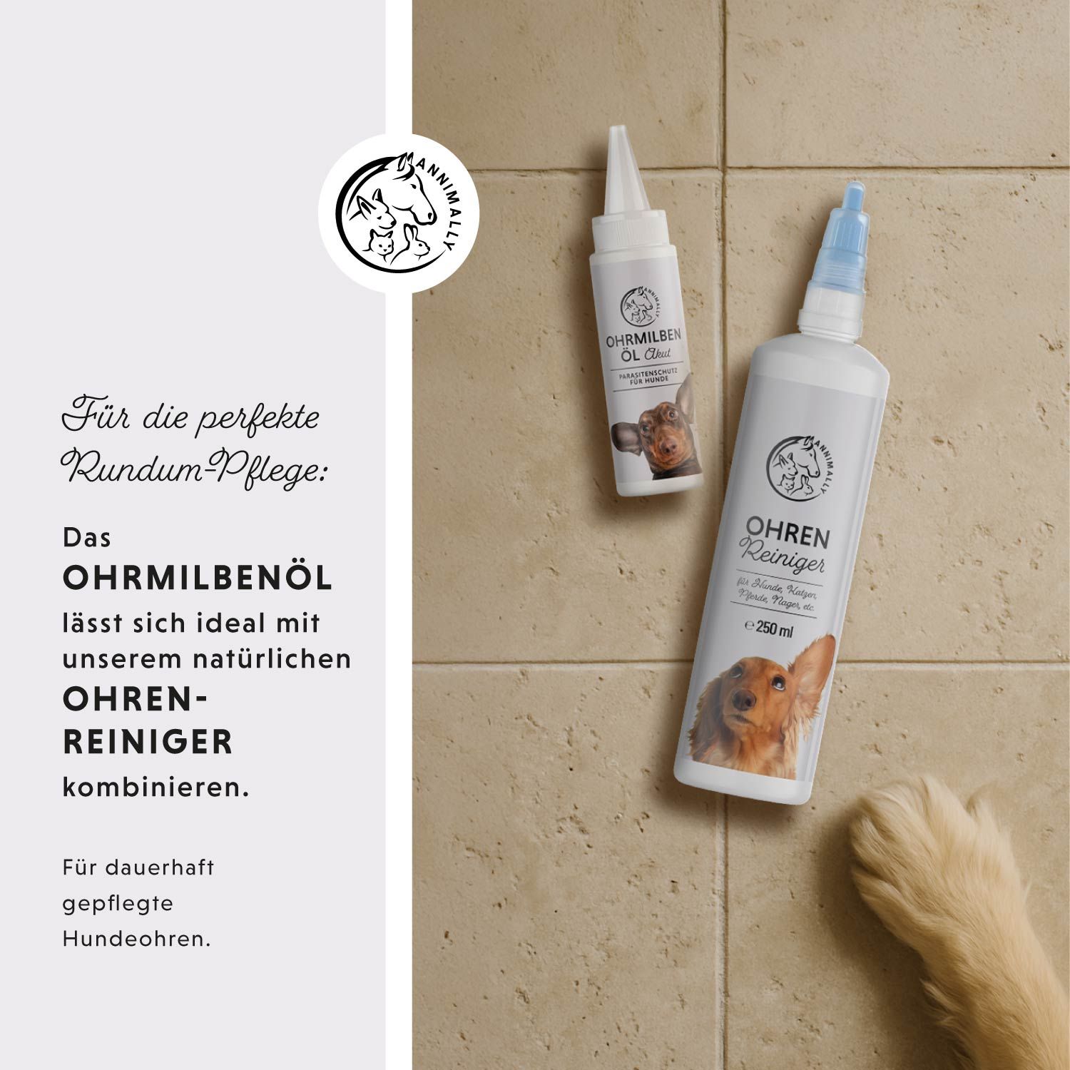 Zwei Flaschen. Aufschrift: Ohrmilbenöl, Ohrenreiniger. Logo. Für die perfekte Rundum-Pflege: Das Ohrmilbenöl... 