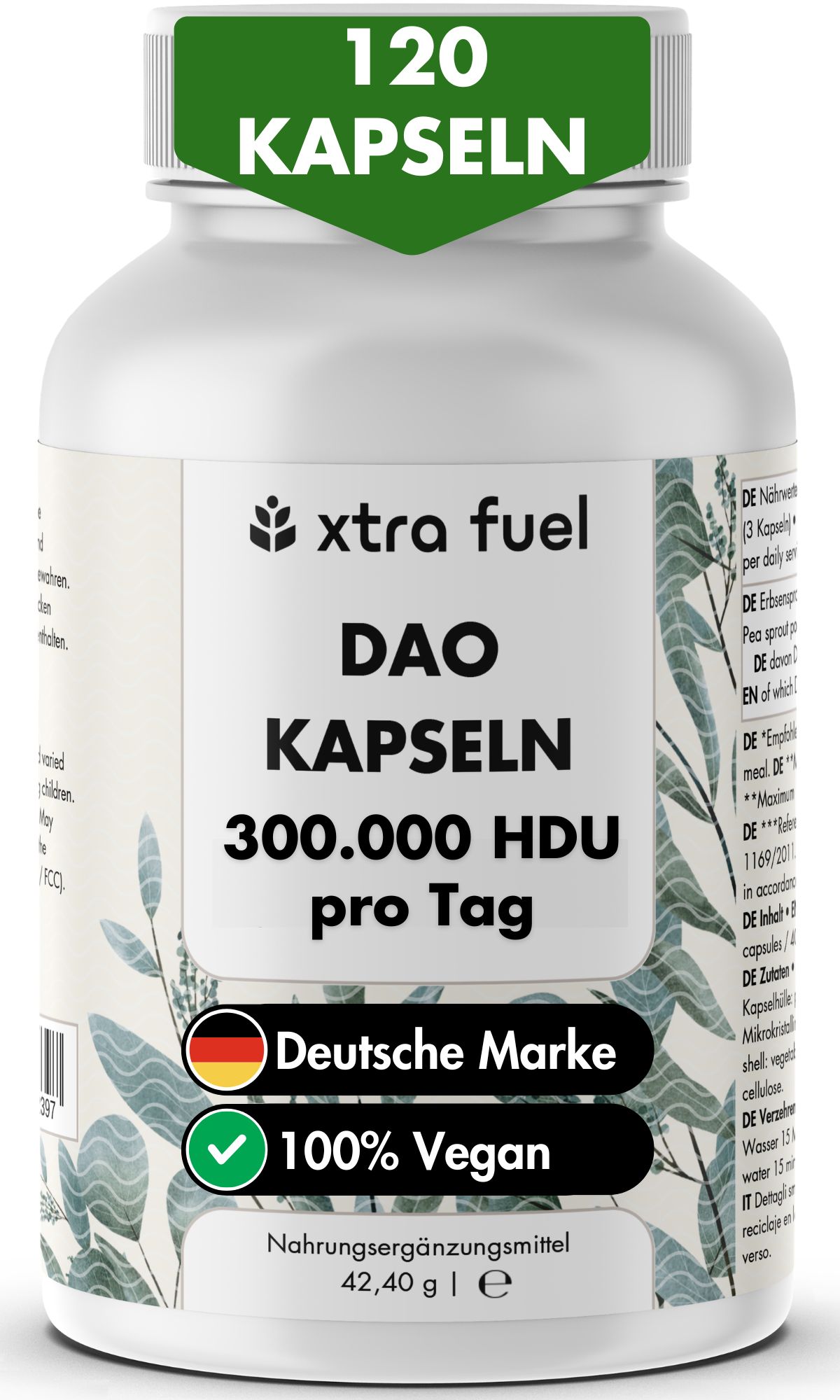 Weiße Flasche mit Kapseln. Aufschrift: XTRA FUEL, DAO Kapseln, 300.000 HDU. 120 Kapseln. Deutsche Marke, 100% Vegan.