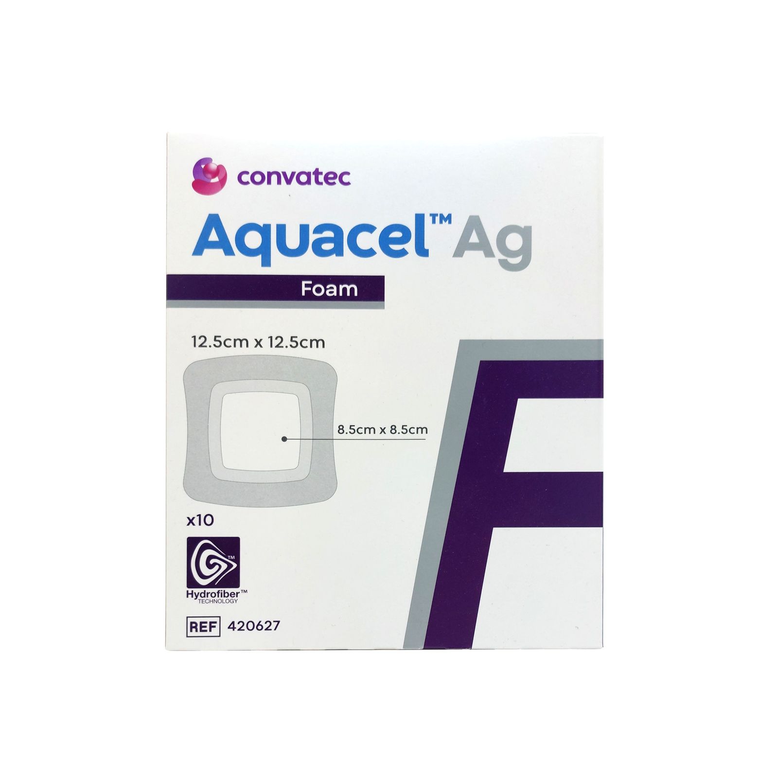 Verpackung mit Produktabbildung. Quadratische Wundauflage, 12,5 x 12,5 cm, mit zentralem Bereich. Marke: Aquacel Ag Foam.