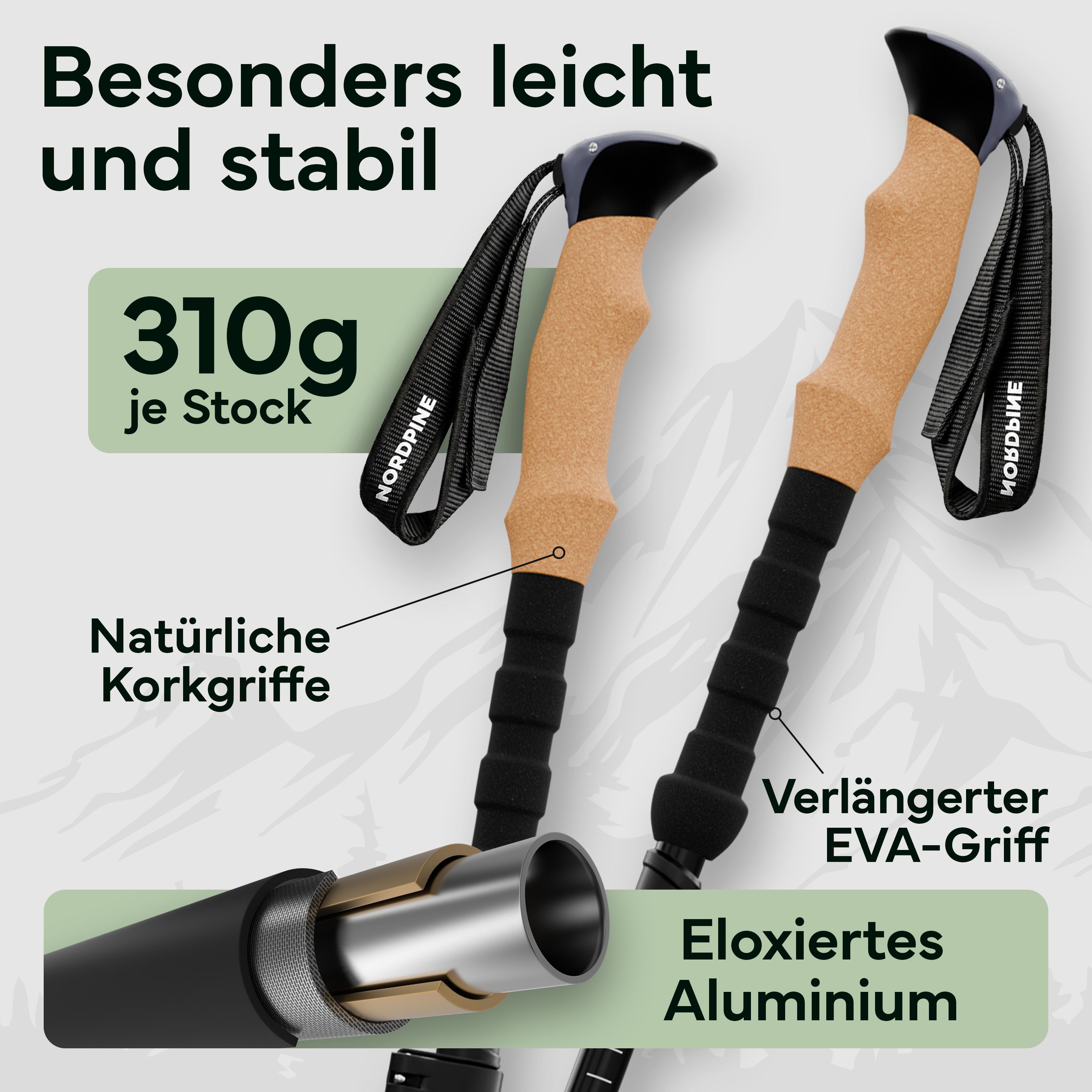 Zwei leichte, stabile Wanderstöcke mit Korkgriffen und verlängerten EVA-Griffen aus eloxiertem Aluminium.