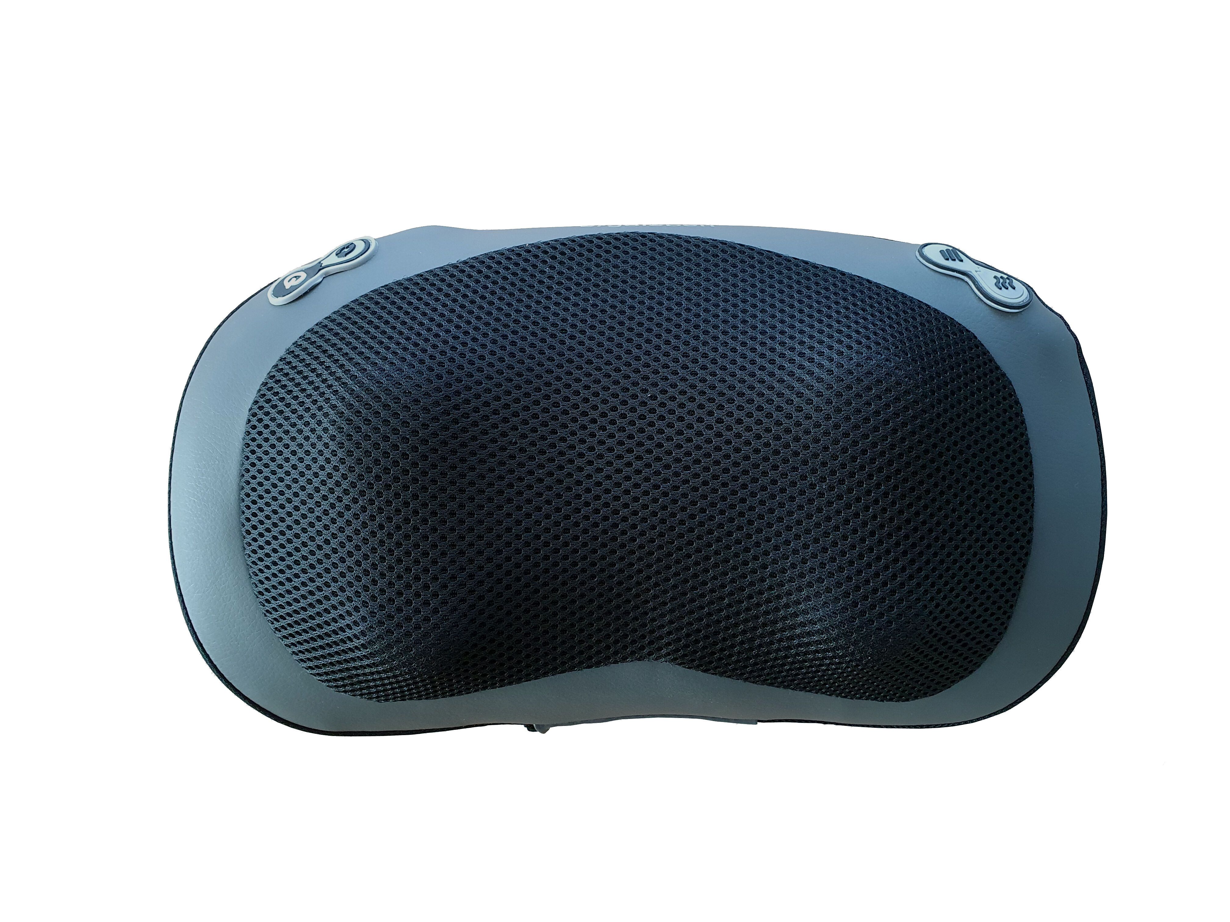 Graues Shiatsu 3D Massagekissen. Schwarzes Netzgewebe. Bedienelemente an den Seiten.