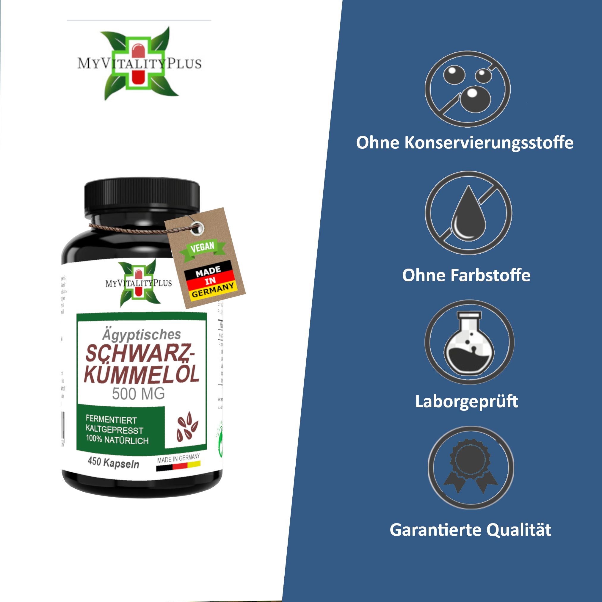 Braune Flasche mit Kapseln. Aufschrift: Ägyptisches Schwarzkümmelöl, 500 MG. Label mit Made in Germany und Vegan-Siegel.