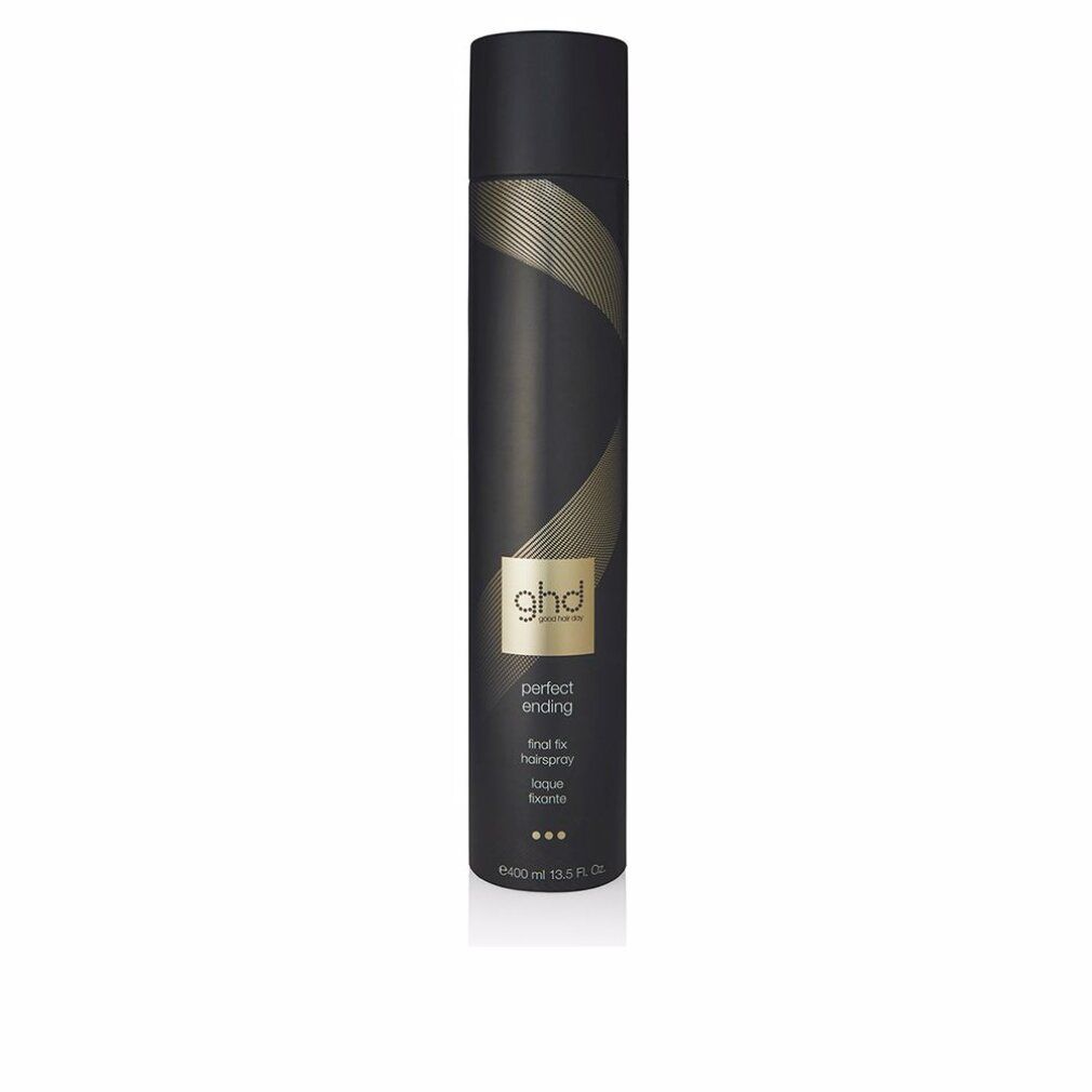 Schwarze Haarspray-Dose mit goldfarbenem Schriftzug "ghd perfect ending final fix hairspray".