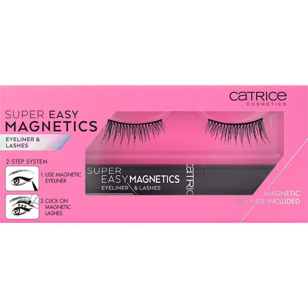 Rosa Verpackung mit falschen Wimpern und magnetischem Eyeliner. Marke: Catrice. Produktname: Super Easy Magnetics. 2-Schritte-System.