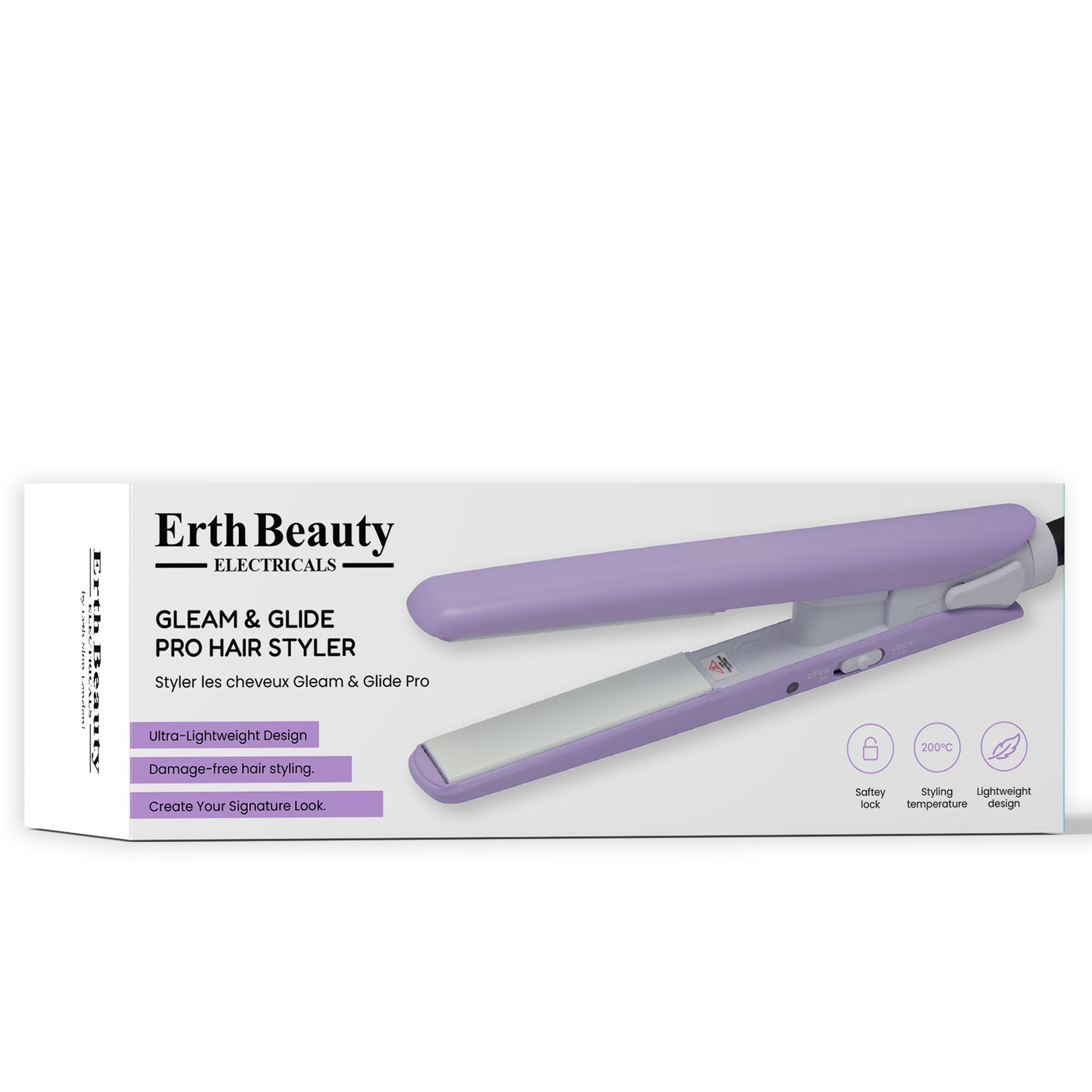 Haarglätter in Verpackung. Erth Beauty, Gleam & Glide Pro Hair Styler. Lila und weiß. Ultra-leichtes Design, schädigungsfreies Styling.