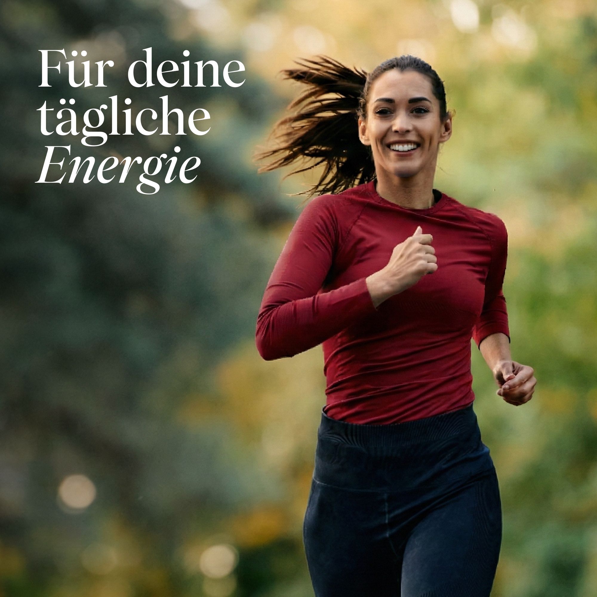 Läuferin in rotem Shirt und dunkler Hose. Text: Für deine tägliche Energie.
