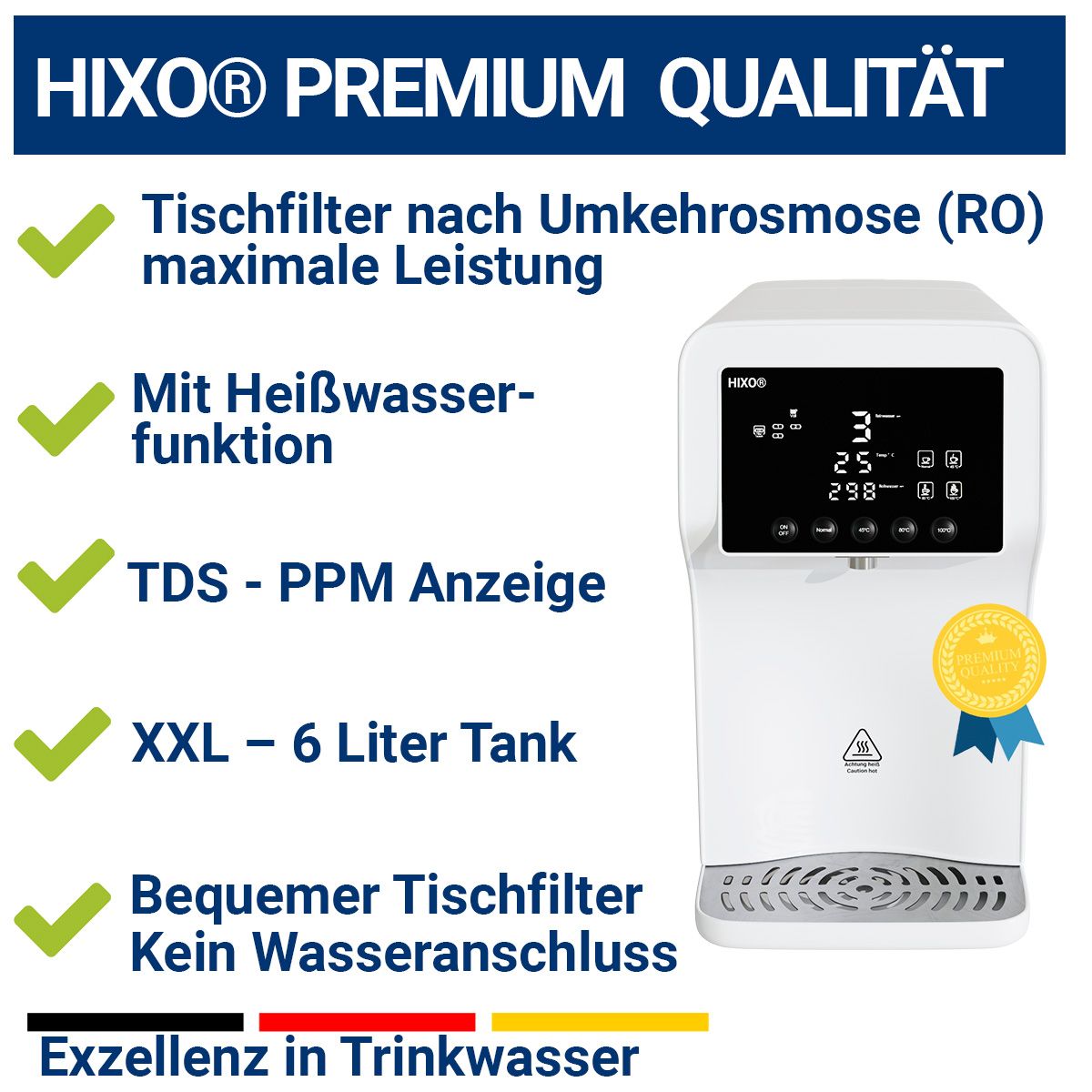Weißer Wasserfilter mit Text: HIXO® PREMIUM QUALITÄT. Text und grüne Häkchen: Tischfilter, Heißwasserfunktion, TDS-PPM, 6L Tank, Tischfilter.