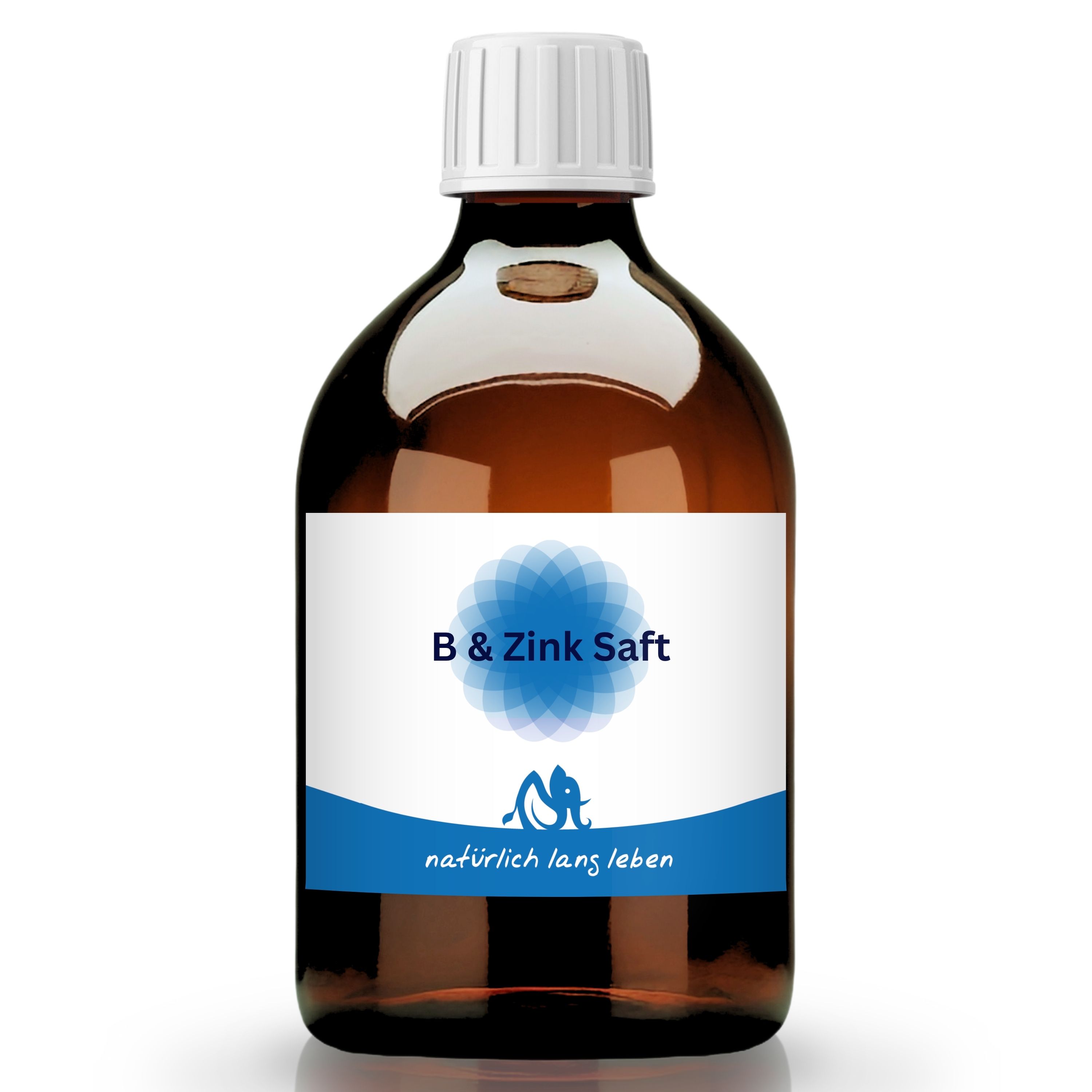 Braune Glasflasche mit weißem Deckel und Etikett. Auf dem Etikett steht "B & Zink Saft" und "natürlich lang leben".