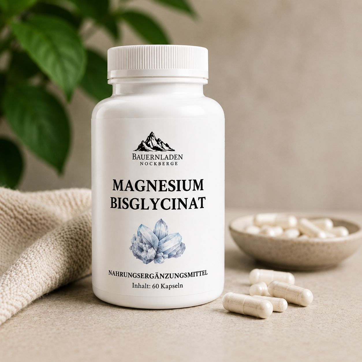 Dose Magnesium Bisglycinat, Kapseln, Handtuch und Schale mit Kapseln.