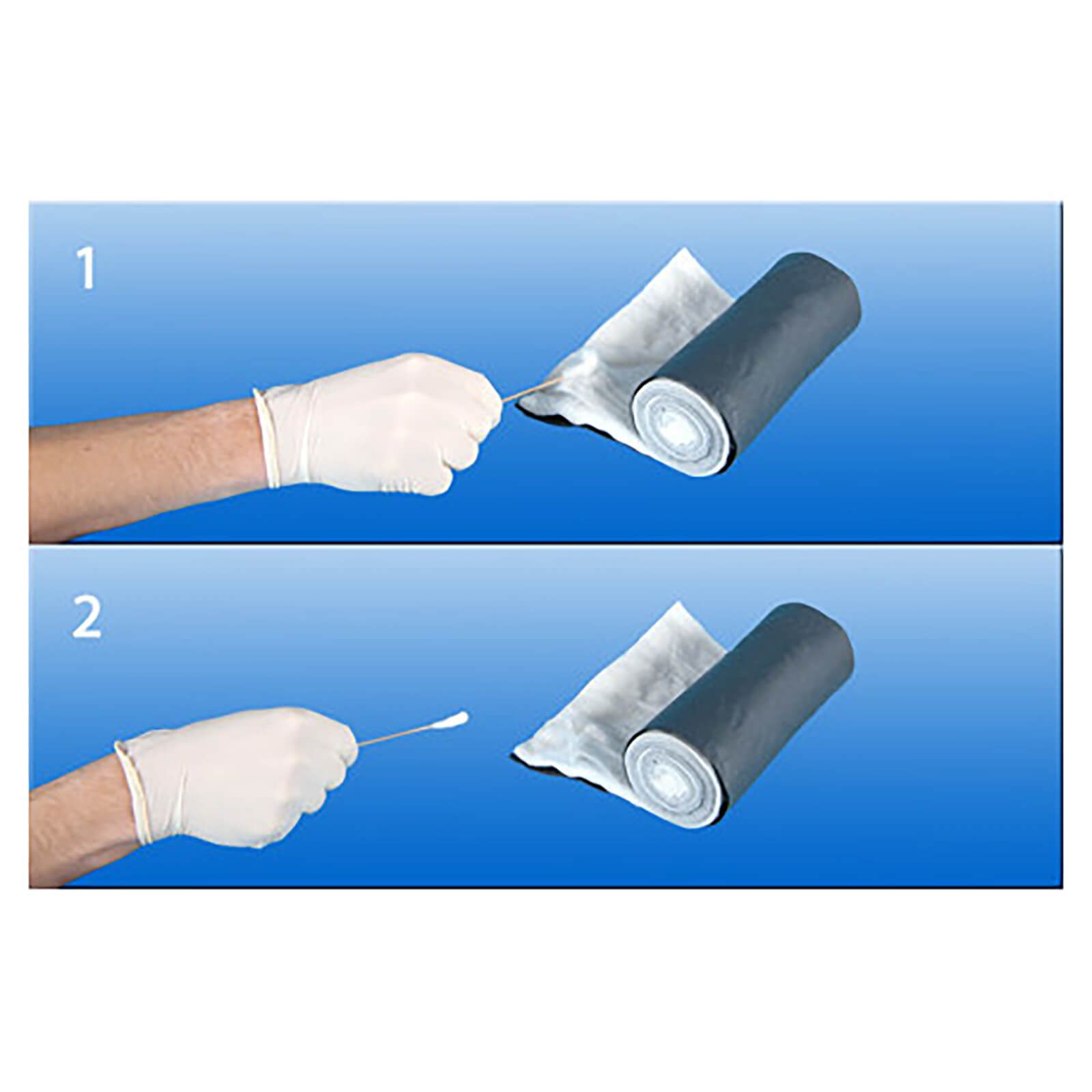 Zwei Bilder zeigen die Anwendung von Verbandwatte mit einem Wattestäbchen. Auf blauem Hintergrund.