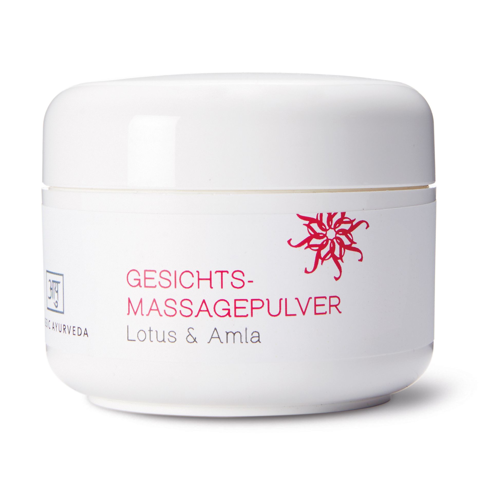 Weißes Tiegel mit roter Schrift: GESICHTS-MASSAGEPULVER, Lotus & Amla. Rotes Logo. Kleines Logo links.