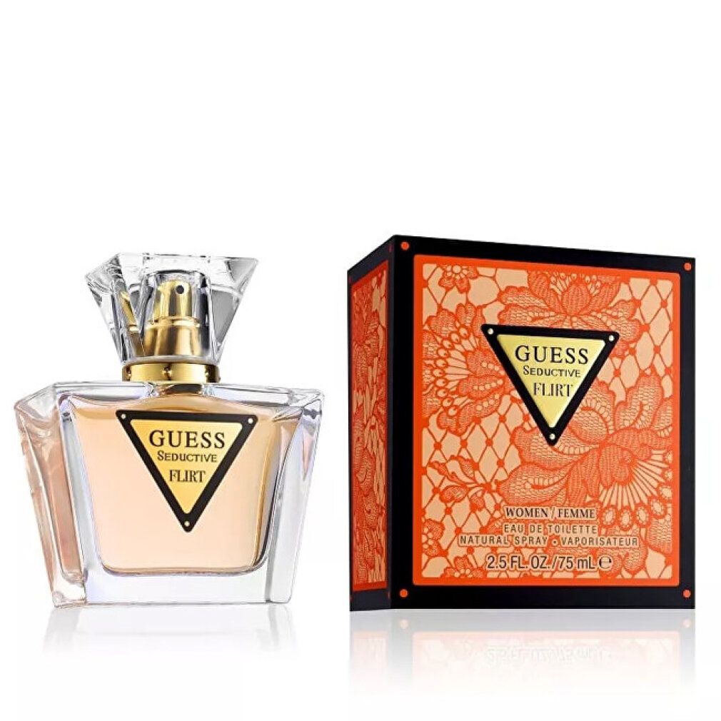 Guess Seductive Flirt Flakon und Verpackung. Flakon mit goldfarbenem Verschluss. Orangefarbene Verpackung mit floralem Muster und Logo.