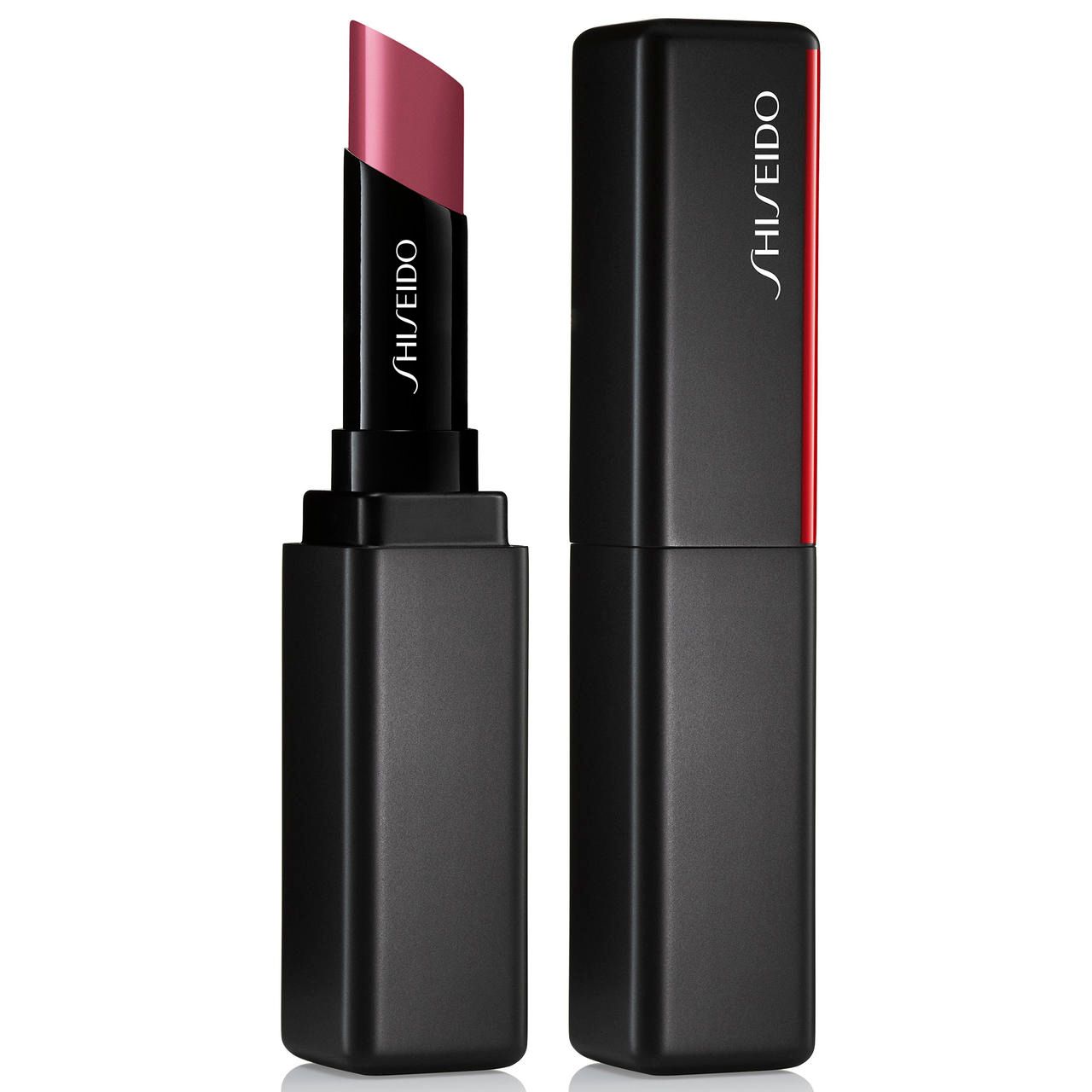 Lippenstift, geöffnet und geschlossen. Schwarze Hülle, roter Akzent, Shiseido-Logo. Rosa Lippenstiftfarbe.