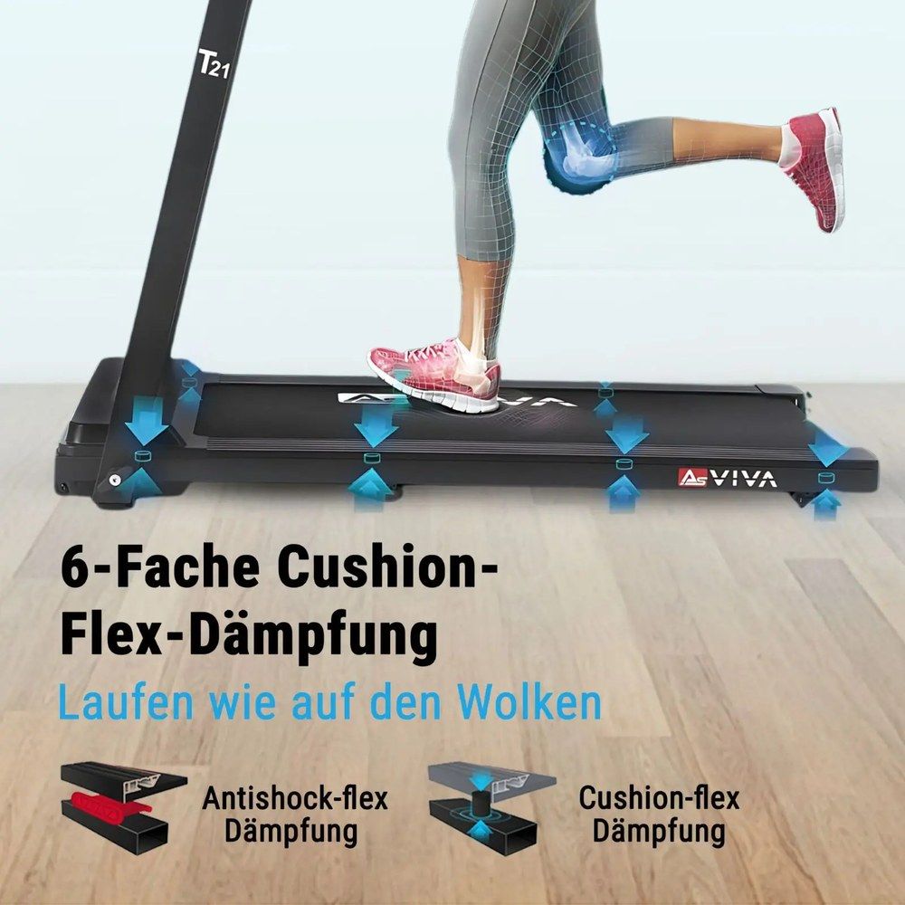 Detailansicht des Laufbands T21 mit Hervorhebung der 6-fachen Cushion-Flex-Dämpfung.