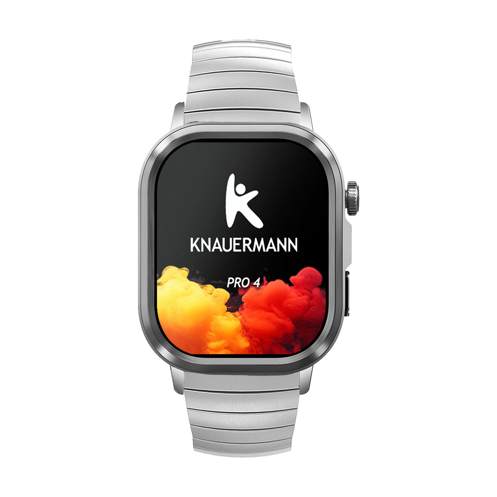 Smartwatch Knauermann PRO 4, silberfarbenes Gehäuse und Armband. Display mit Logo und Farbdarstellung.