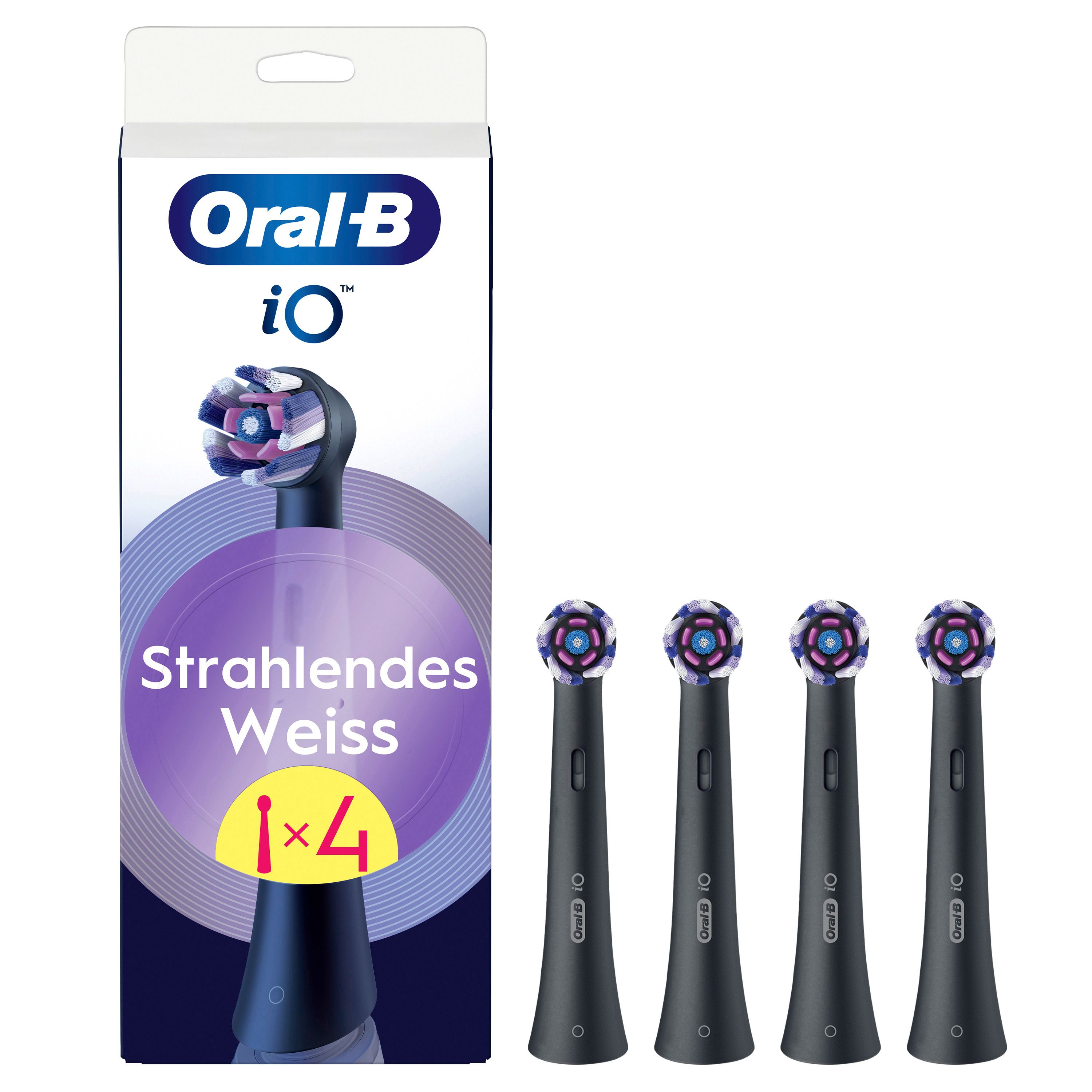 Oral-B iO Aufsteckbürsten "Strahlendes Weiss". 4 Stück. Schwarze Bürstenköpfe mit lila und weißen Borsten. Verpackung.