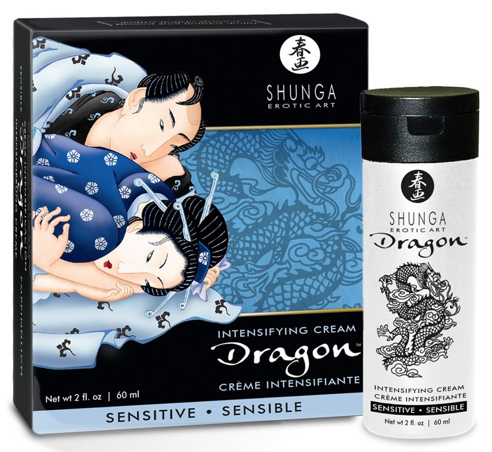 Schwarze Schachtel und weiße Tube. Auf der Schachtel: Illustration, Schriftzug "Shunga Dragon Intensifying Cream". Auf der Tube: Drachen-Illustration.