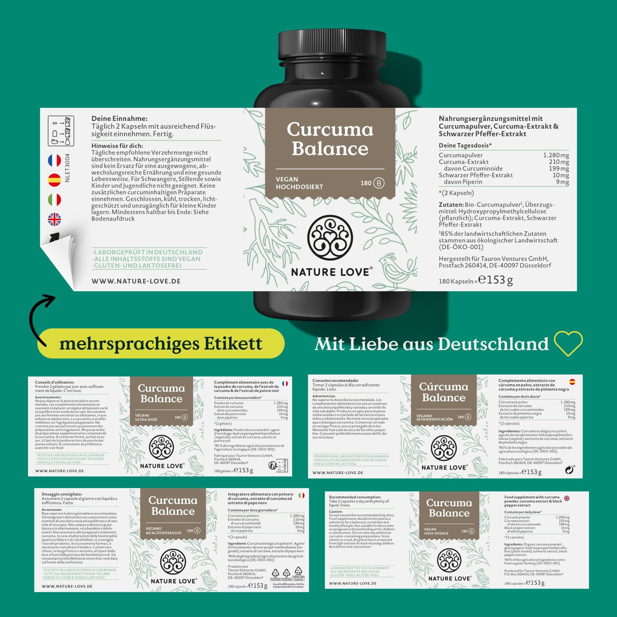 Produktverpackung mit mehrsprachigem Etikett. Aufschrift: Curcuma Balance. Logo: NATURE LOVE®. Enthält Informationen zu Inhaltsstoffen.