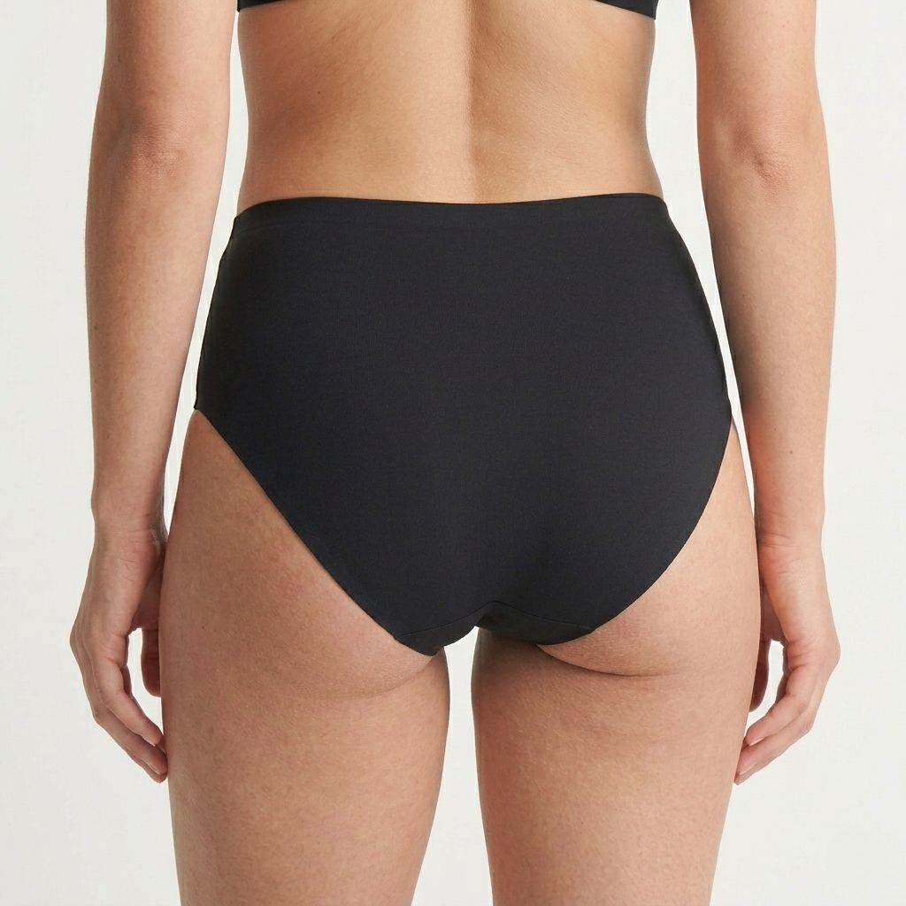 Schwarze Periodenunterhose, hohe Taille, Rückansicht. Stoffhose für den Intimbereich.