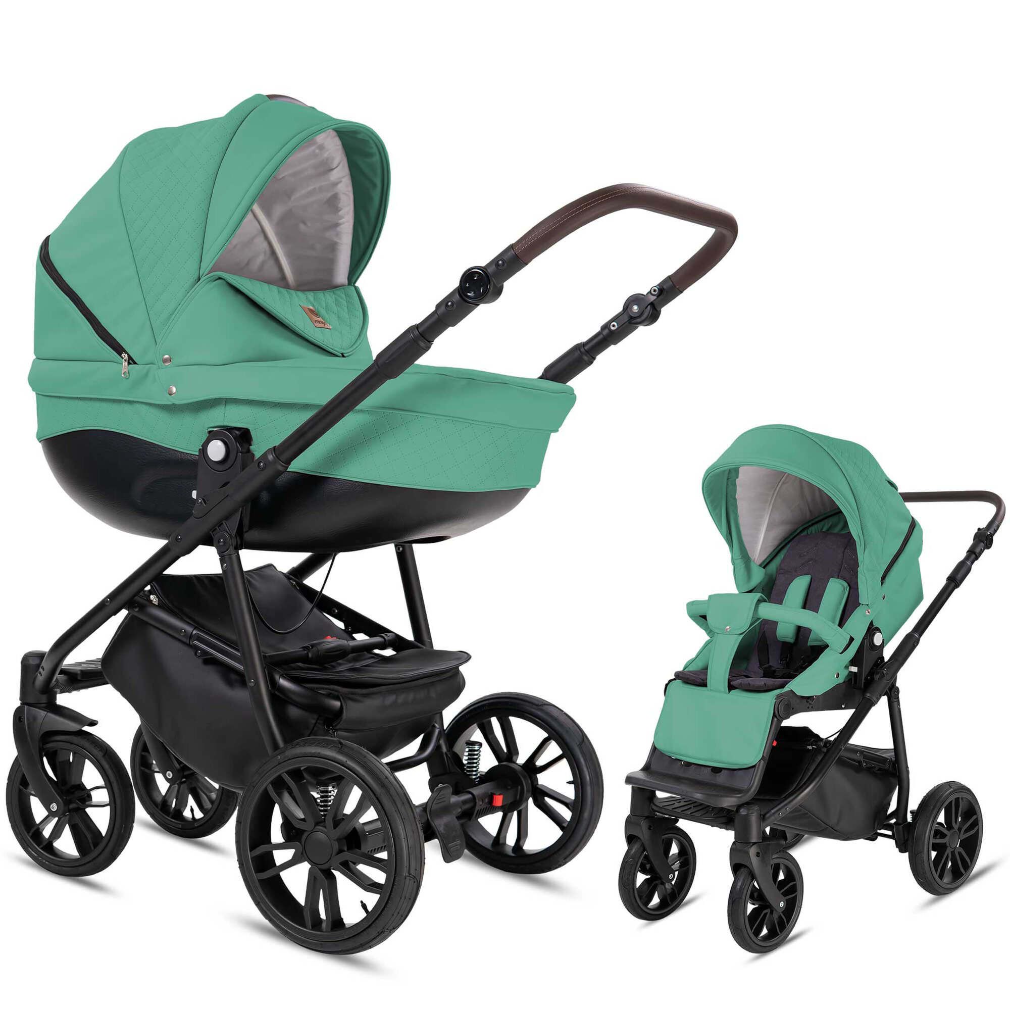 Kombikinderwagen, türkis, mit schwarzem Gestell und Luftreifen. Zwei Konfigurationen: Babywanne und Sportsitz.