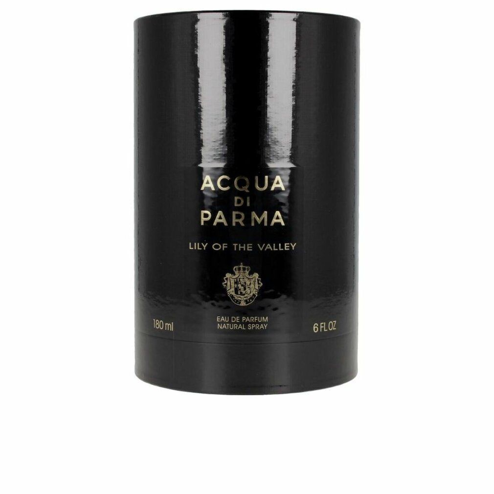 Schwarze zylindrische Verpackung. Aufschrift: Acqua Di Parma, Lily Of The Valley. Logo. 100 ml, 6 FL.OZ.