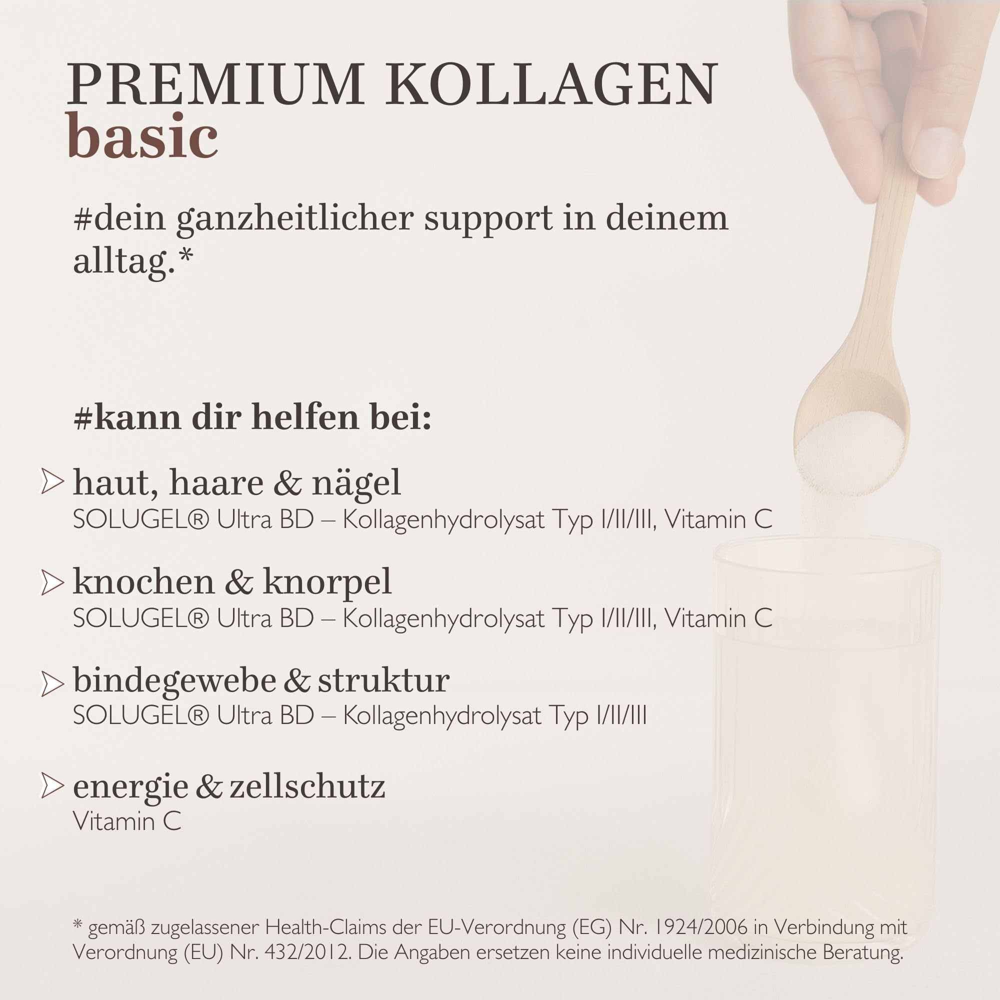 Text: PREMIUM KOLLAGEN basic. Auflistung von Vorteilen: Haut, Haare & Nägel, Knochen & Knorpel, Bindegewebe & Struktur, Energie & Zellschutz.