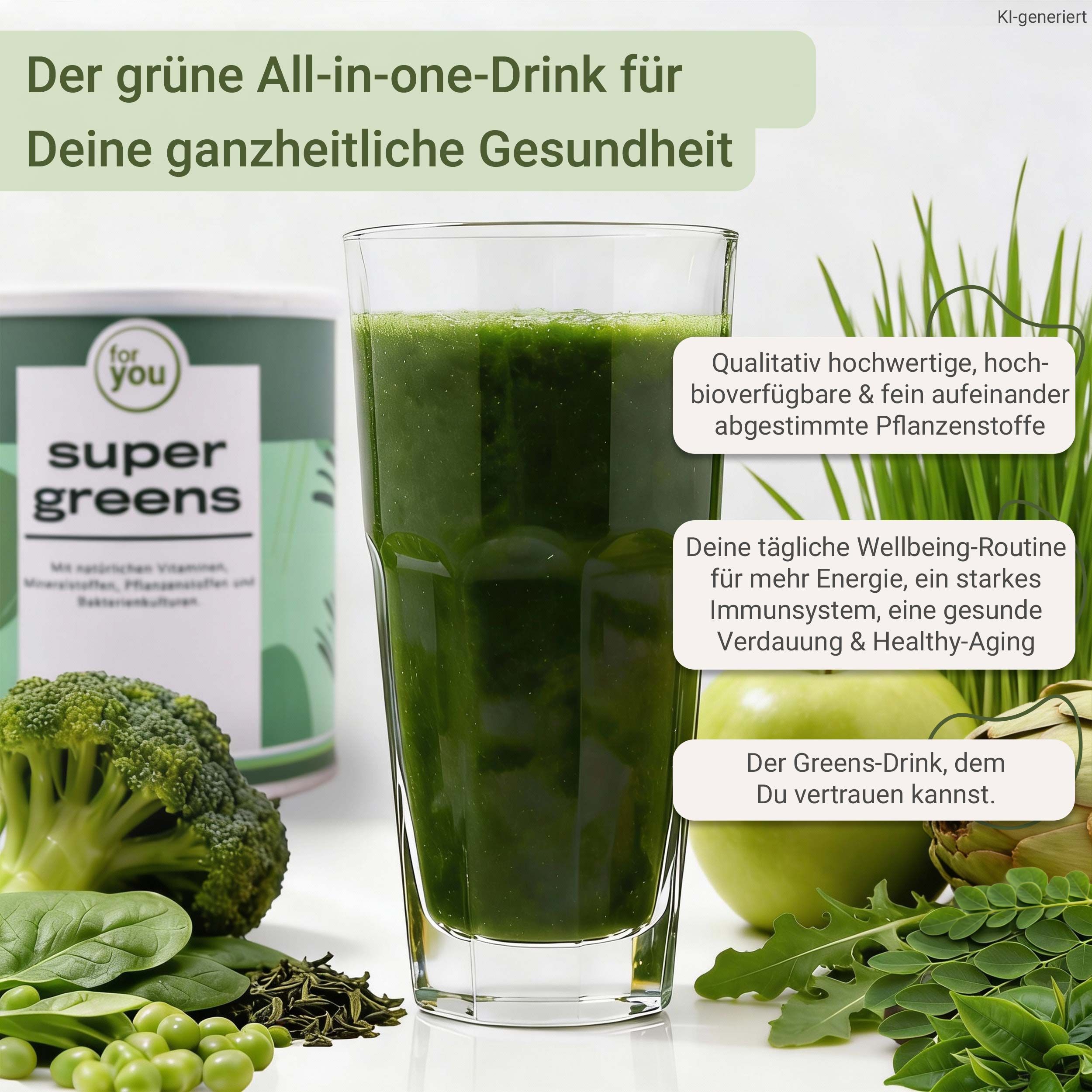 Glas mit grünem Drink, daneben Dose "super greens", Brokkoli, Spinat, Erbsen und Apfel.