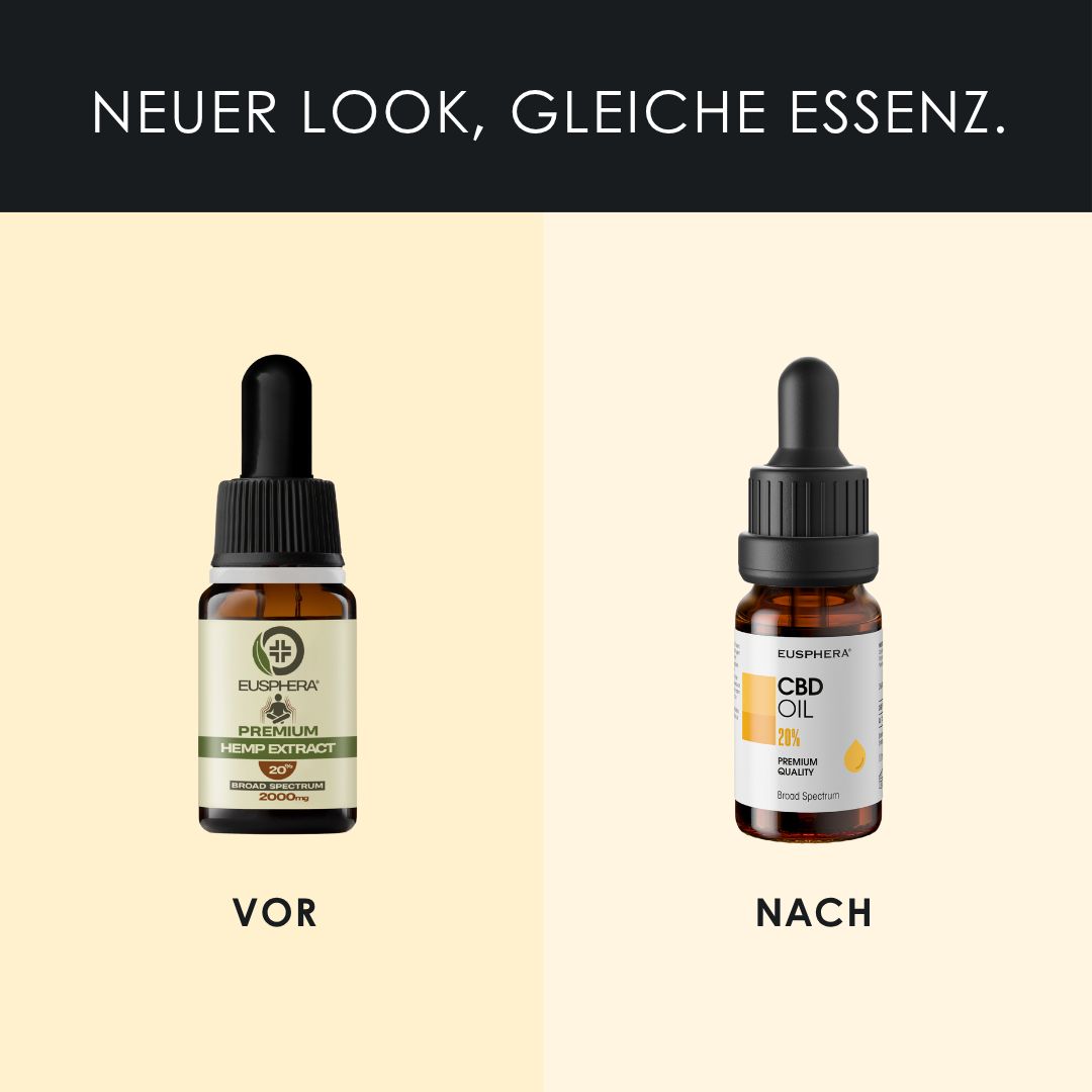 Flasche mit Tropfer. Text: 100% natürlich, ohne Lösungsmittel, 0% THC, Broad Spectrum.